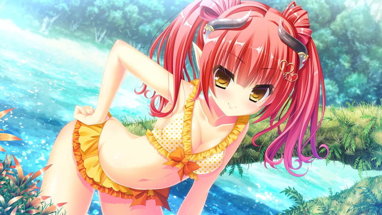 bikini, breasts, cleavage, forest, game_cg, grass, horns, lea_granatfeuer_von_wolfsburg, matsushita_makako, pointed_ears, red_hair, suzuhira_hiro, swimsuit, traveling_stars, tree, water, yellow_eyes