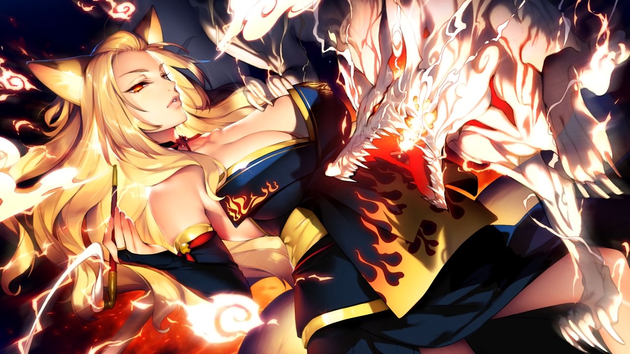 akeiro_kaikitan, animal, animal_ears, blonde_hair, breasts, cleavage, fire, fox, foxgirl, game_cg, japanese_clothes, katsuragi_youko, orange_eyes, silkys_plus, smoking, sumeragi_kohaku, tail, yukata