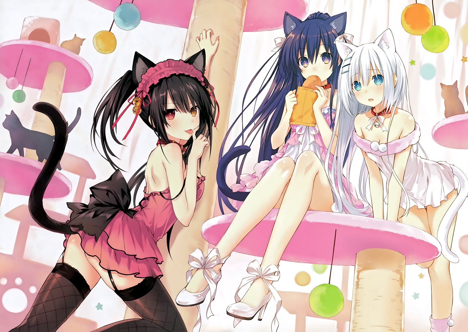 animal, animal_ears, aqua_eyes, bicolored_eyes, bow, breasts, brown_hair, cat, catgirl, cleavage, date_a_live, dress, food, headband, purple_eyes, purple_hair, scan, stockings, tail, taiyaki, thighhighs, tobiichi_origami, tokisaki_kurumi, tsunako, twins, white_hair, yatogami_tohka