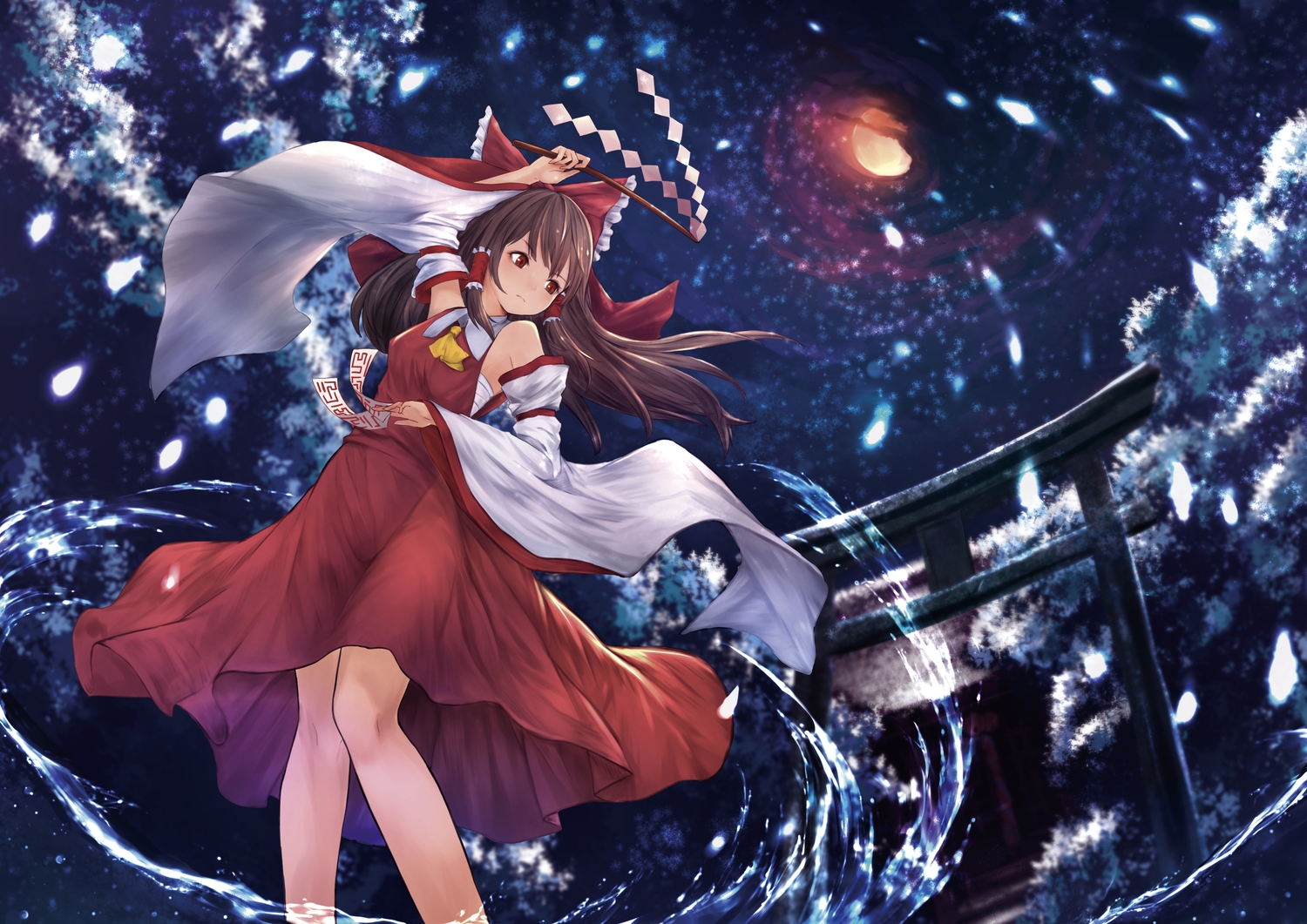 bow, brown_hair, hakurei_reimu, japanese_clothes, long_hair, miko, moon, ofuda, petals, pi-pie, red_eyes, sarashi, skirt, torii, touhou, underwear, water