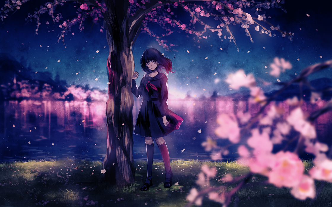 black_hair, cherry_blossoms, flowers, grass, kneehighs, maria_(maria_rose), night, original, school_uniform, tree, water