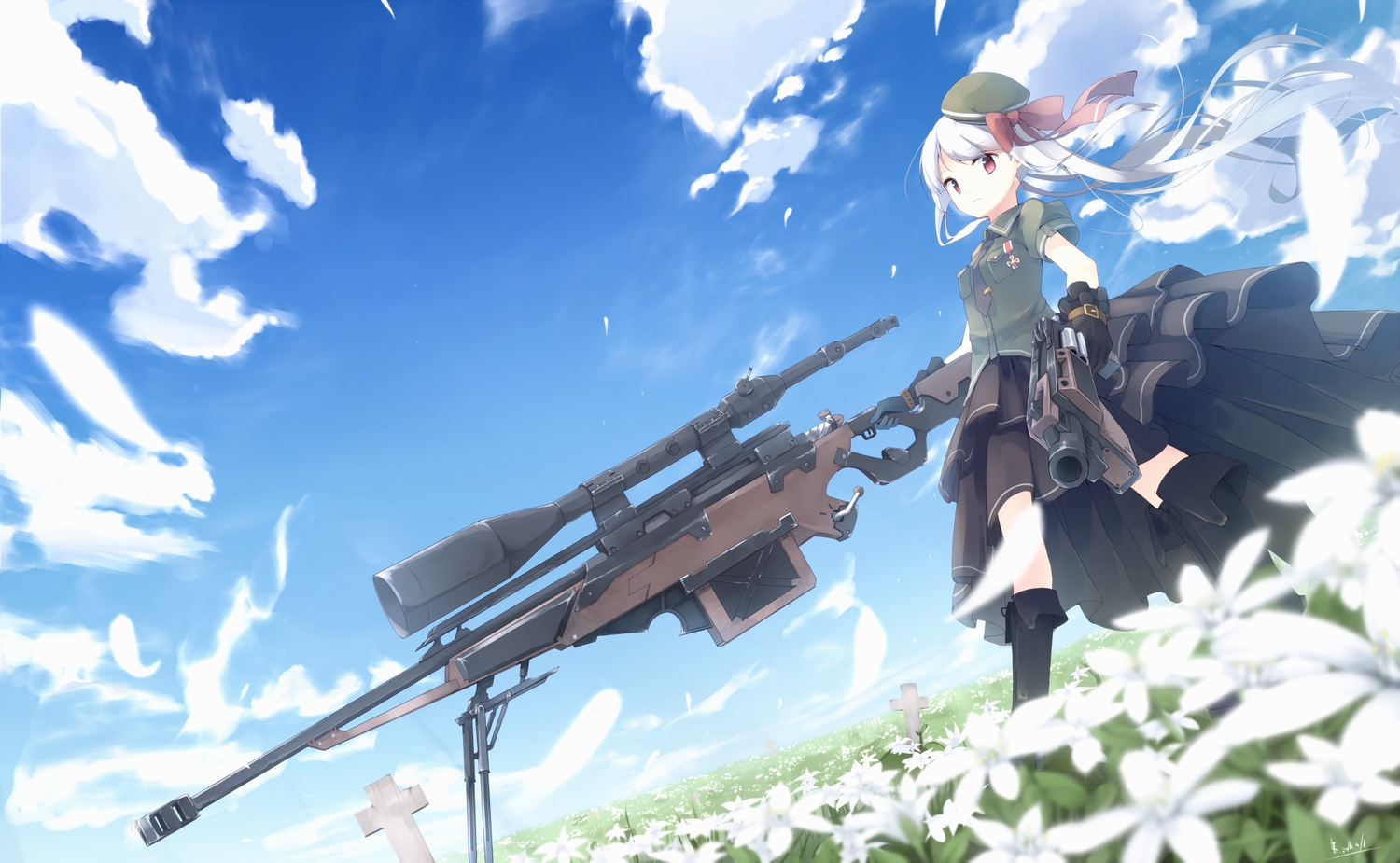 boots, bow, clouds, flowers, gun, hat, kneehighs, long_hair