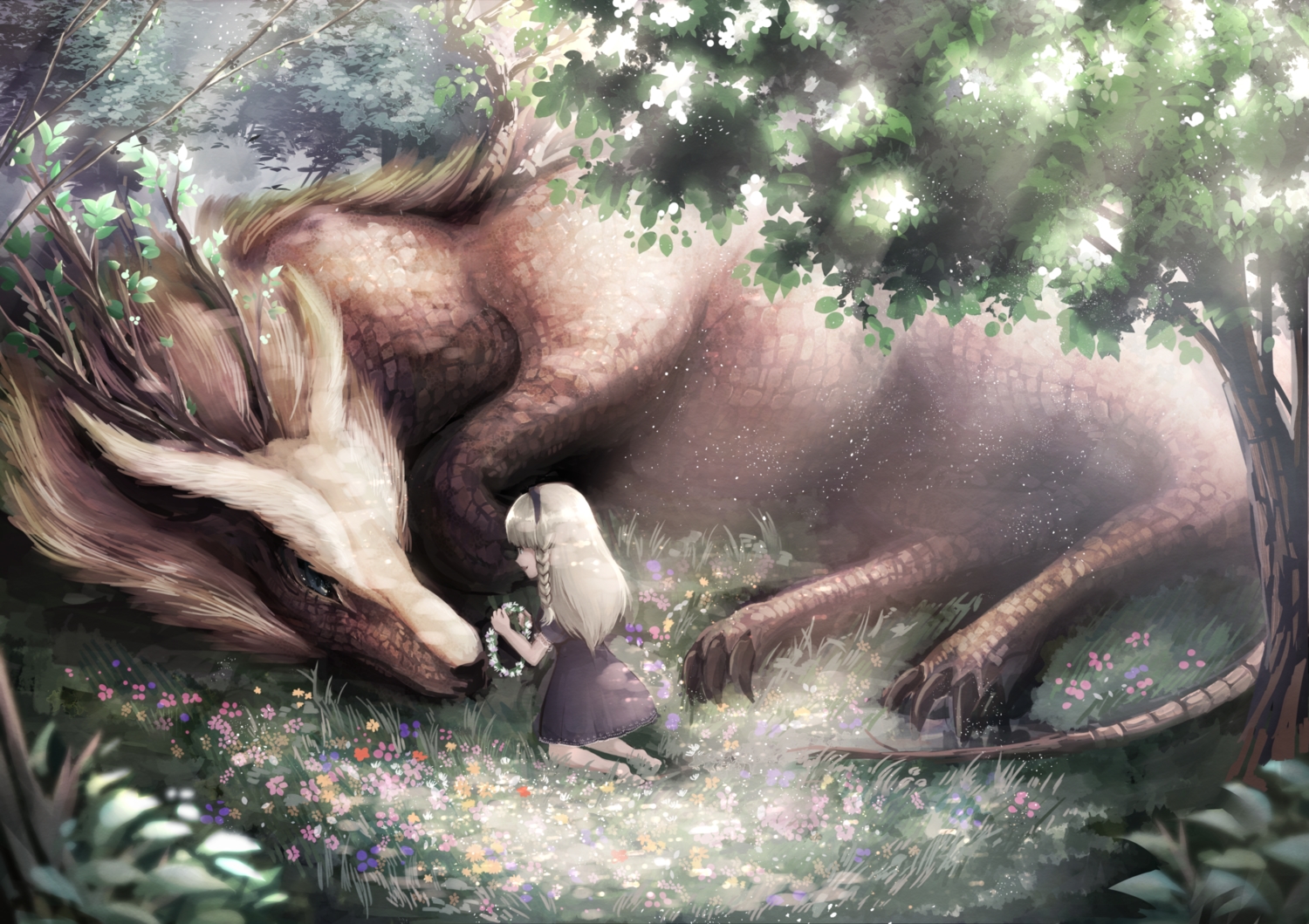 barefoot, blonde_hair, blue_eyes, braids, dragon, dress, flowers, forest, grass, headband, headdress, loli, long_hair, original, raymond_busujima, tree