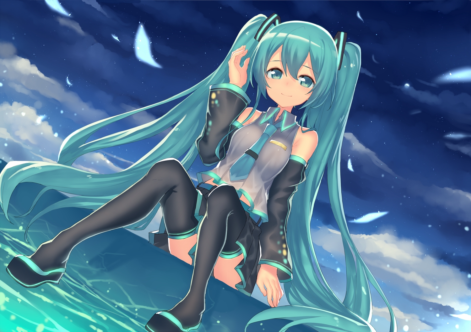 aqua_eyes, aqua_hair, hatsune_miku, kame^^, long_hair, night, tie, twintails