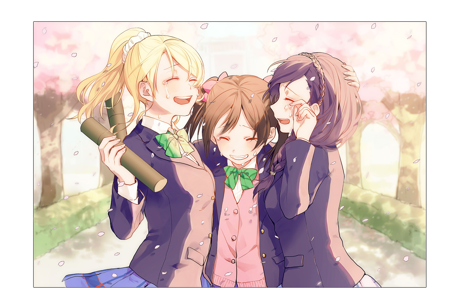 ayase_eri, kurosujuu, love_live!_school_idol_project, petals, school_uniform, tears, toujou_nozomi, yazawa_nico