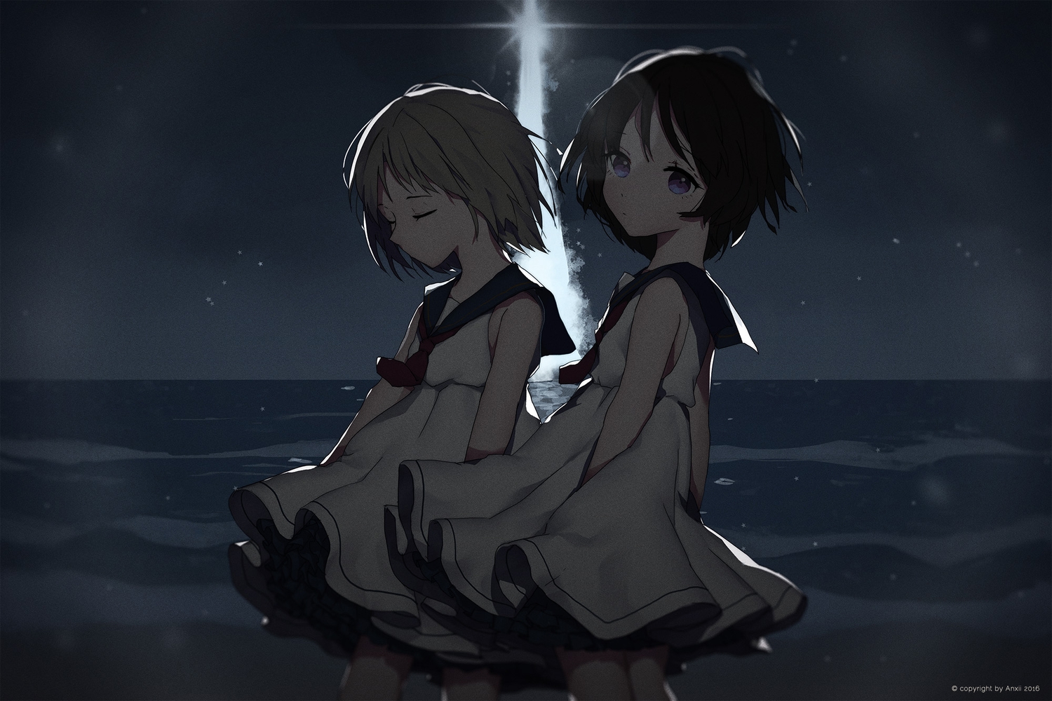 2girls, acidear, black_hair, blue_eyes, brown_hair, night, original, school_uniform