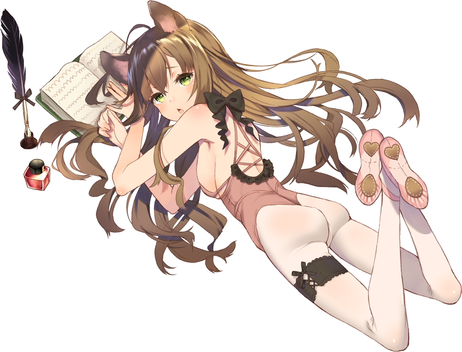 animal_ears, ass, book, bow, breasts, brown_hair, feathers, green_eyes