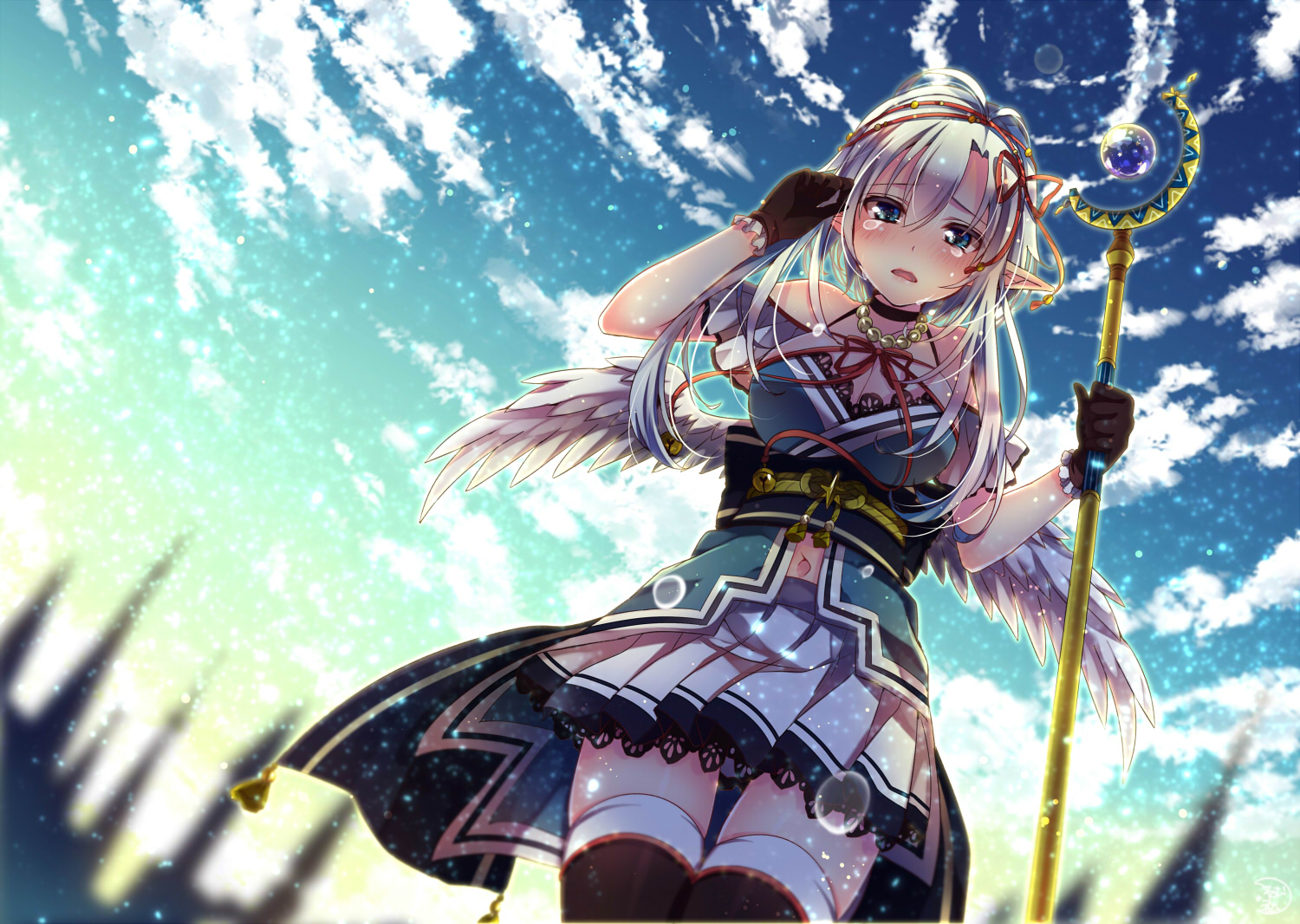 blue_eyes, breasts, cleavage, clouds, crying, gloves, headband, long_hair, navel, nemuri_nemu, original, ribbons, skirt, staff, tears, thighhighs, white_hair, wings