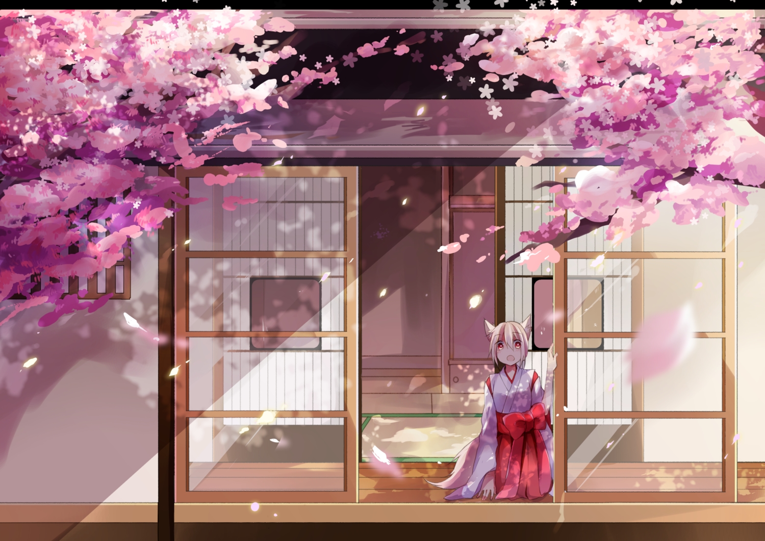 animal_ears, blonde_hair, building, cherry_blossoms, flowers, foxgirl, japanese_clothes, miko, original, petals, red_eyes, tree, yuruno