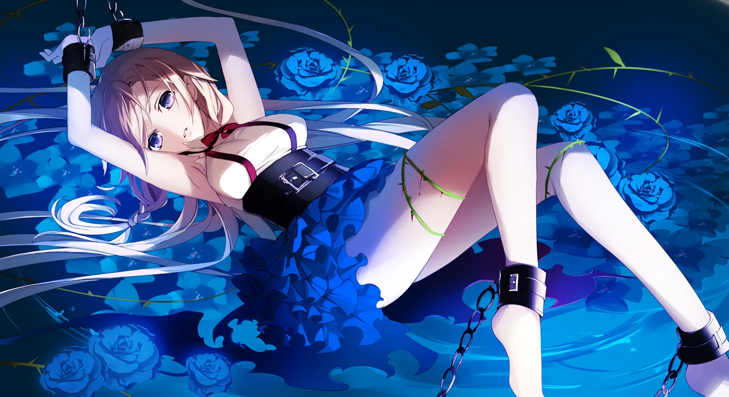 barefoot, blonde_hair, blood, blue, braids, chain, flowers, ia