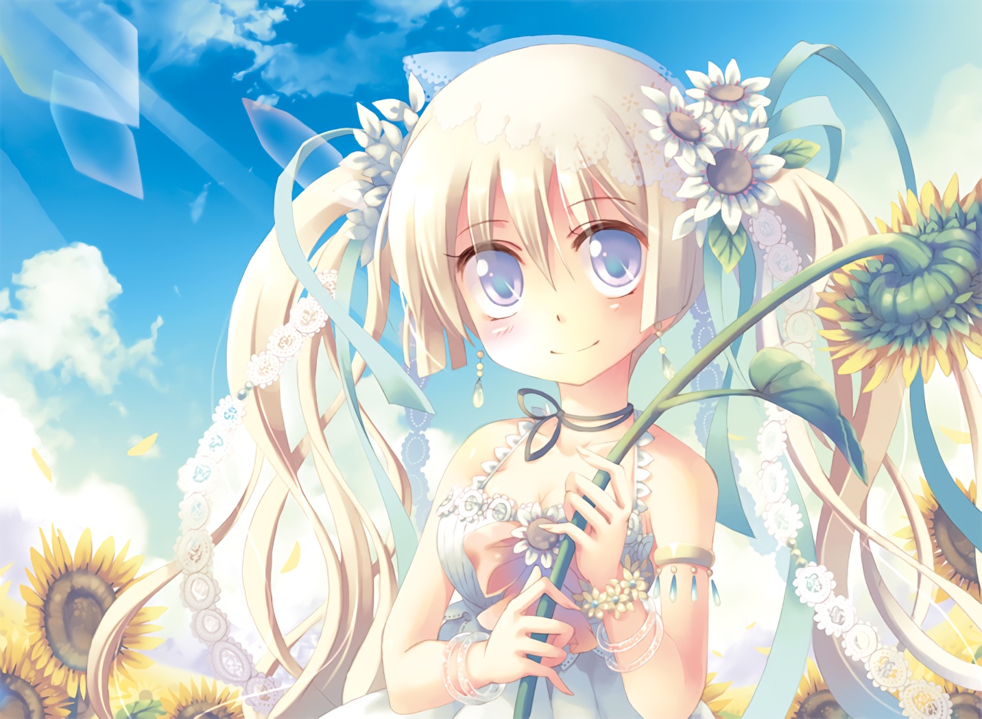 flowers, long_hair, original, sunflower, twintails, waifu2x, yamadori_yoshitomo