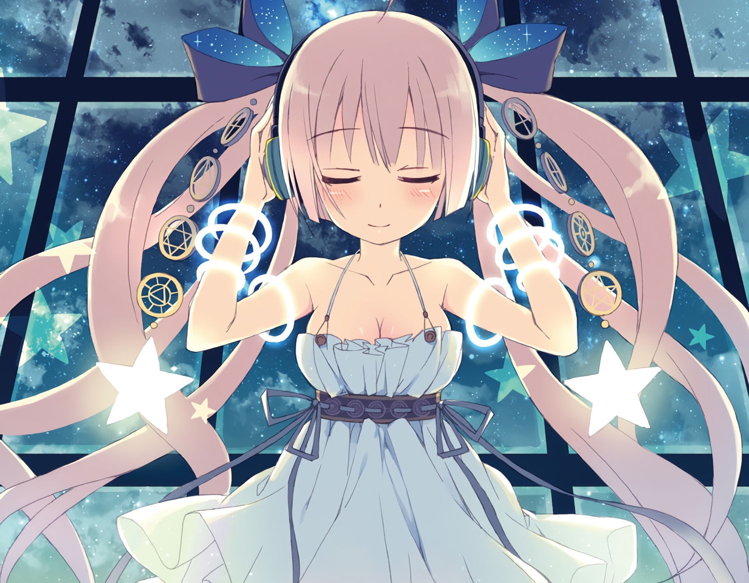 breasts, cleavage, cropped, headphones, long_hair, night, original, stars, twintails, waifu2x, yamadori_yoshitomo