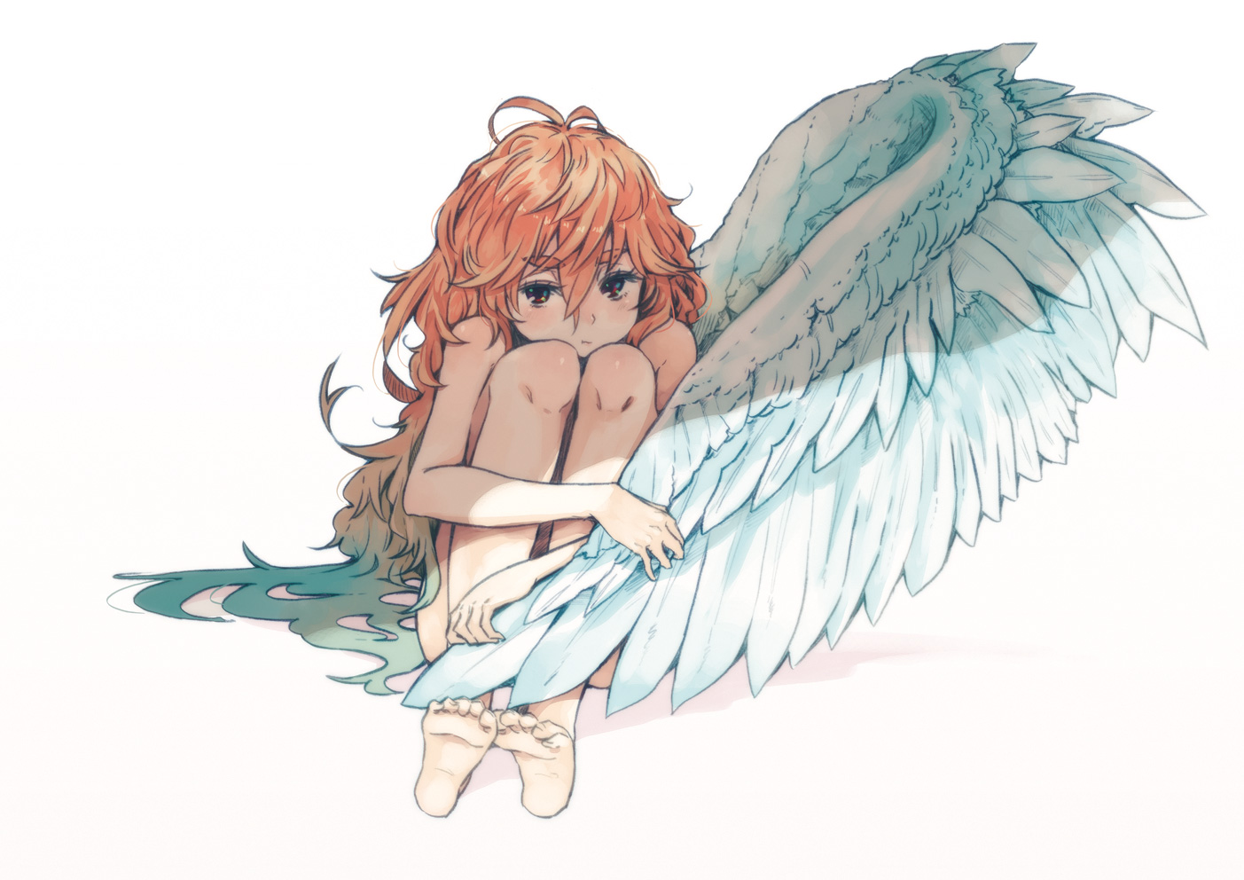 barefoot, hrd, loli, long_hair, nude, orange_hair, original, red_eyes, white, wings