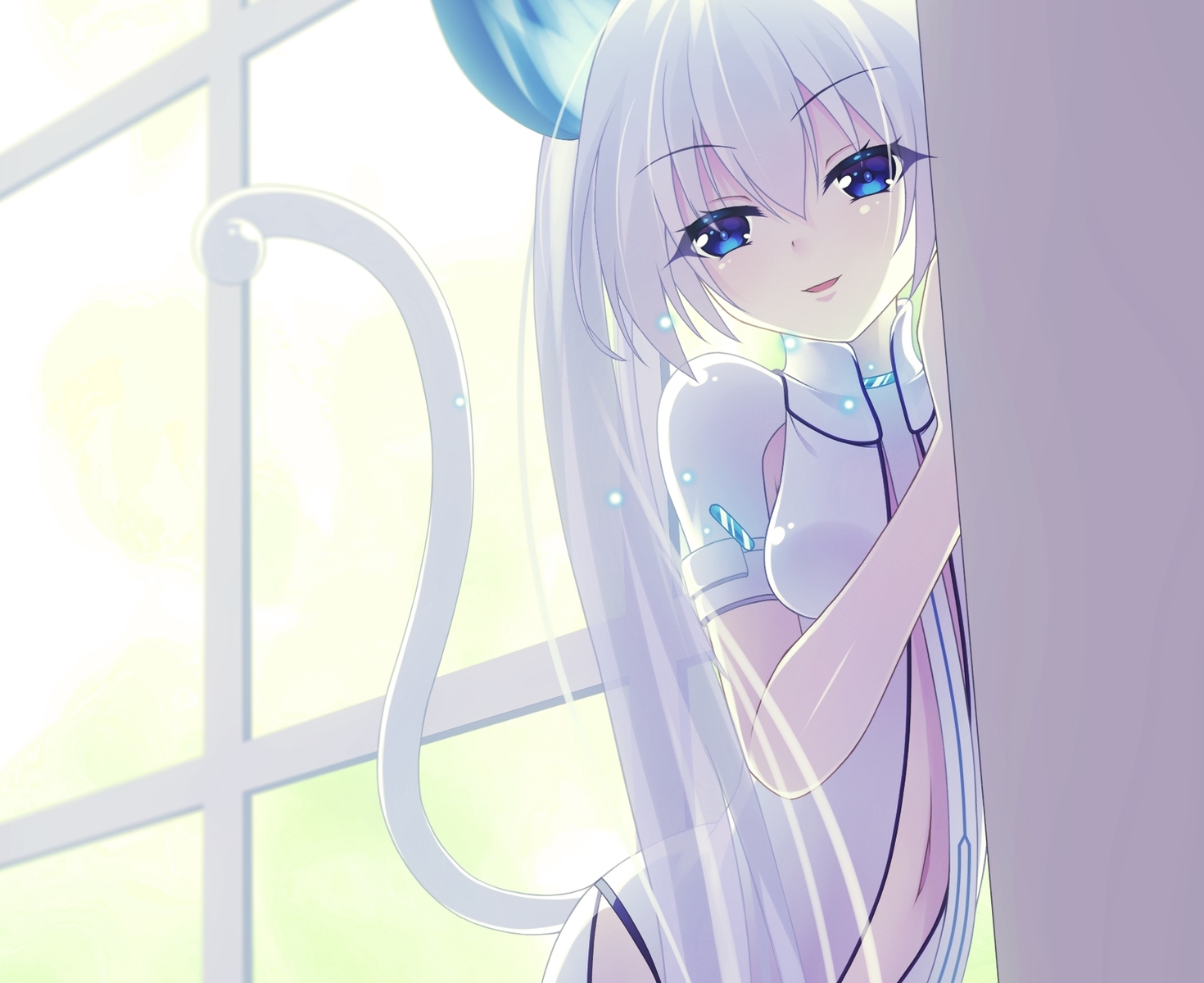 blue_eyes, cropped, gray_hair, hatsune_miku, long_hair, natsu97, navel, tail