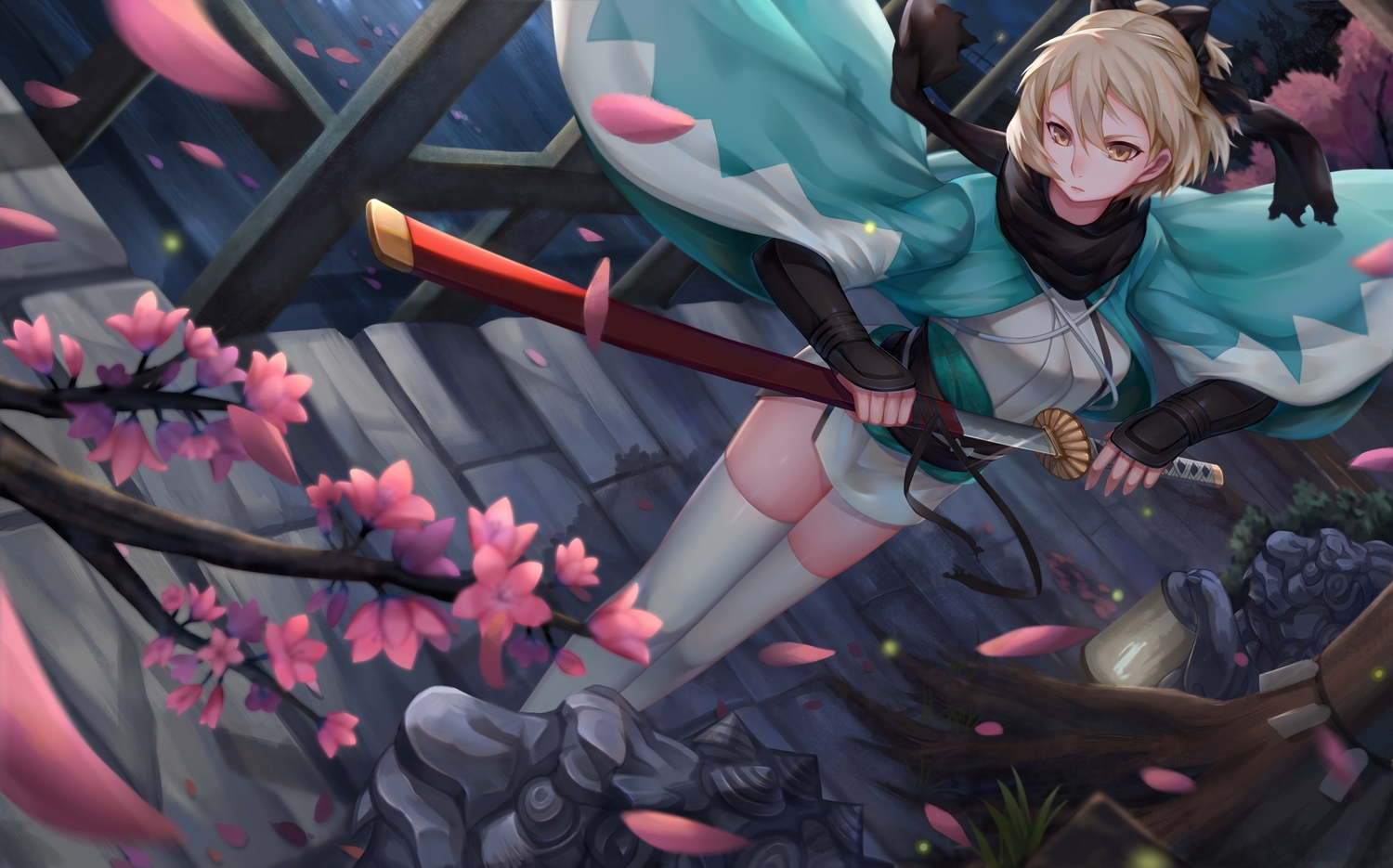 blonde_hair, cherry, choukoukou_no_diaosi, fate/grand_order, fate_(series), food, fruit, japanese_clothes, katana, okita_souji_(fate), petals, sword, thighhighs, water, weapon