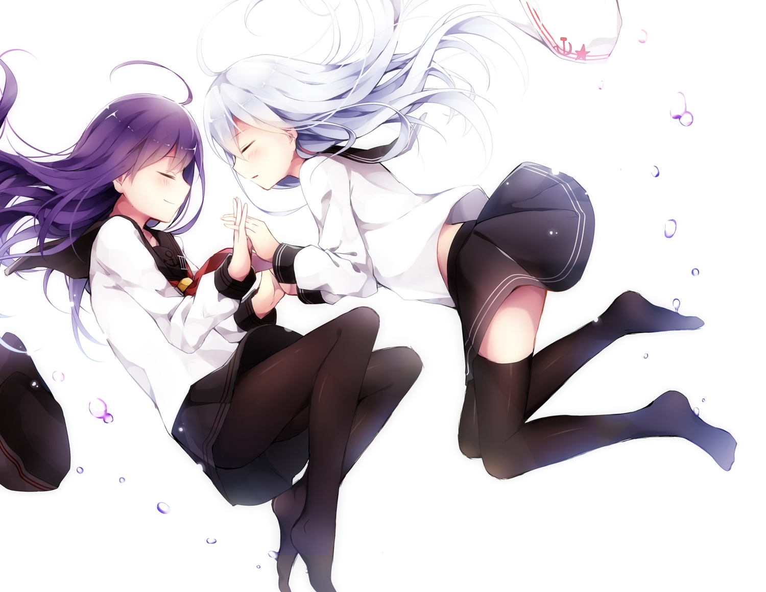 2girls, akatsuki_(kancolle), aliasing, anthropomorphism, blush, bubbles, hibiki_(kancolle), kantai_collection, long_hair, pantyhose, purple_hair, satou_saya, school_uniform, skirt, thighhighs, verniy_(kancolle), white