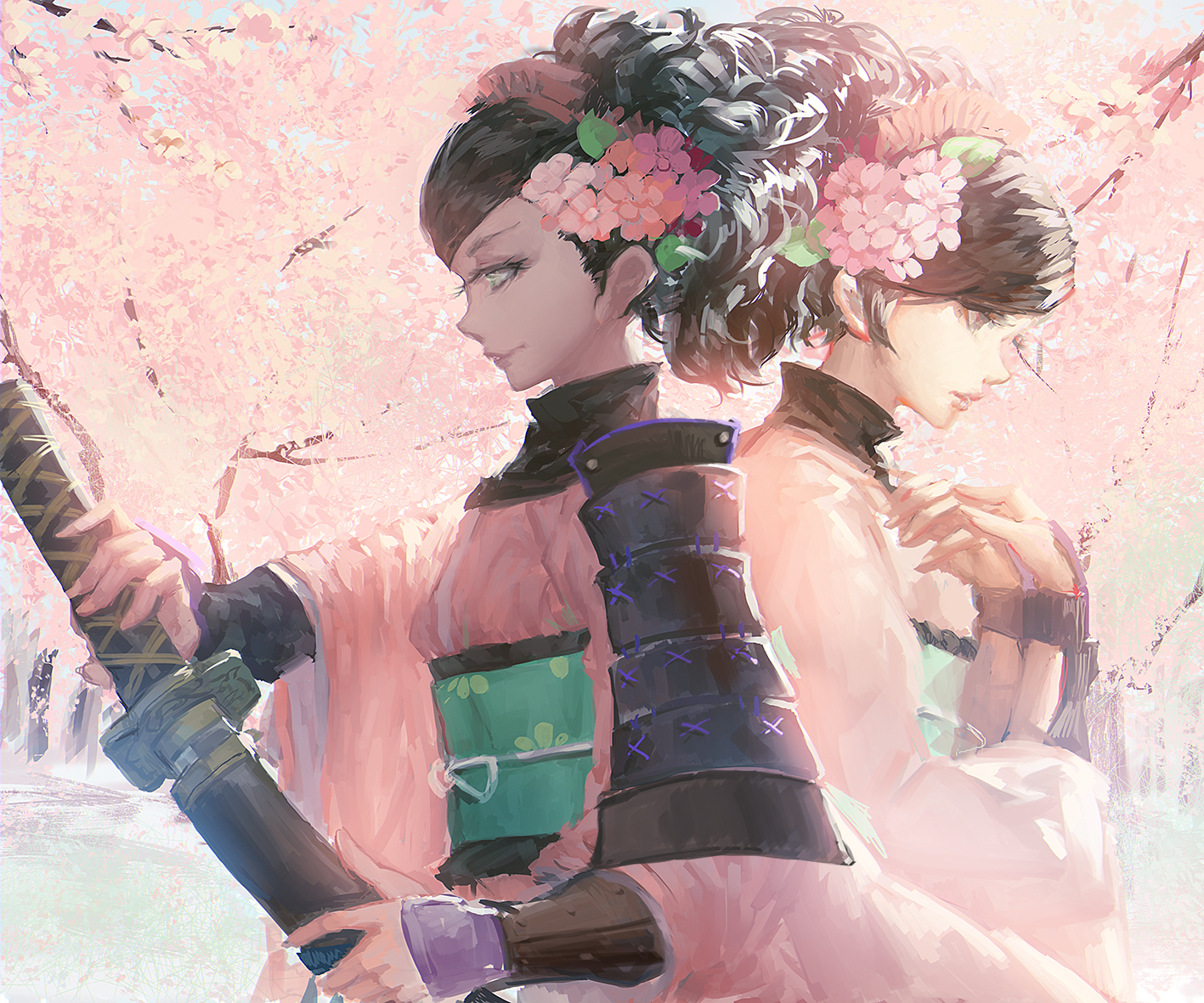 blackrabbitsoul, cherry_blossoms, flowers, japanese_clothes, katana, momohime, oboro_muramasa, samurai