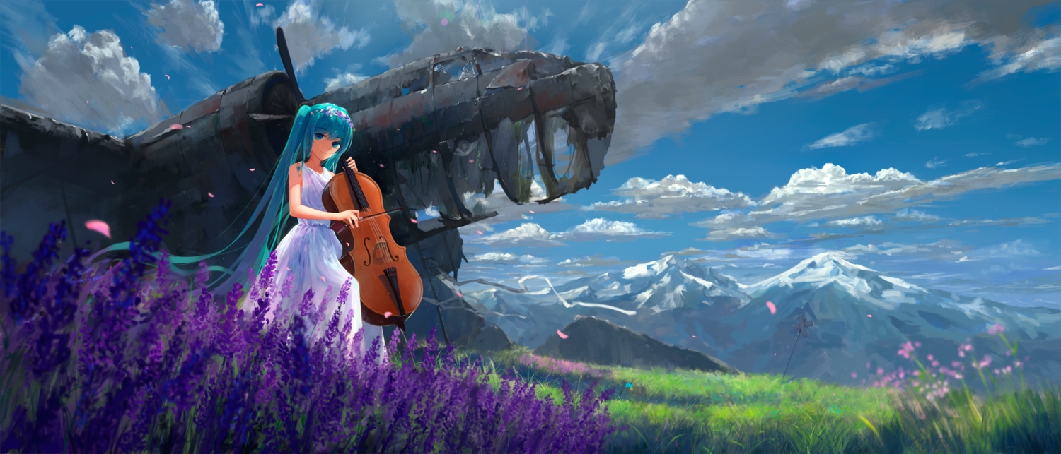 aircraft, aqua_eyes, aqua_hair, clouds, dress, flowers, hatsune_miku, headdress