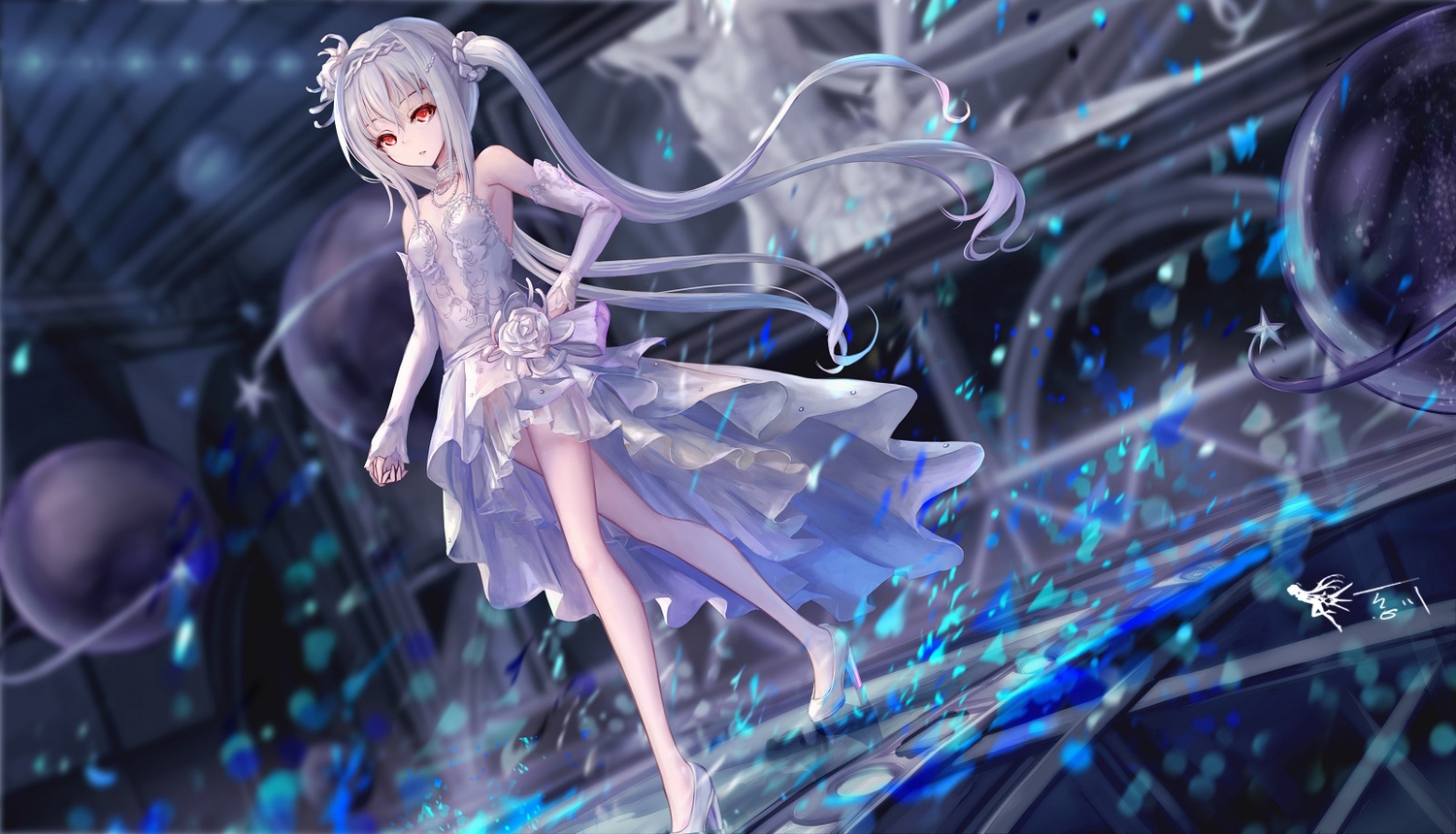 dress, long_hair, red_eyes, sakurakouji_luna, tsuki_ni_yorisou_otome_no_sahou, twintails, wangchuan_de_quanyan, white_hair