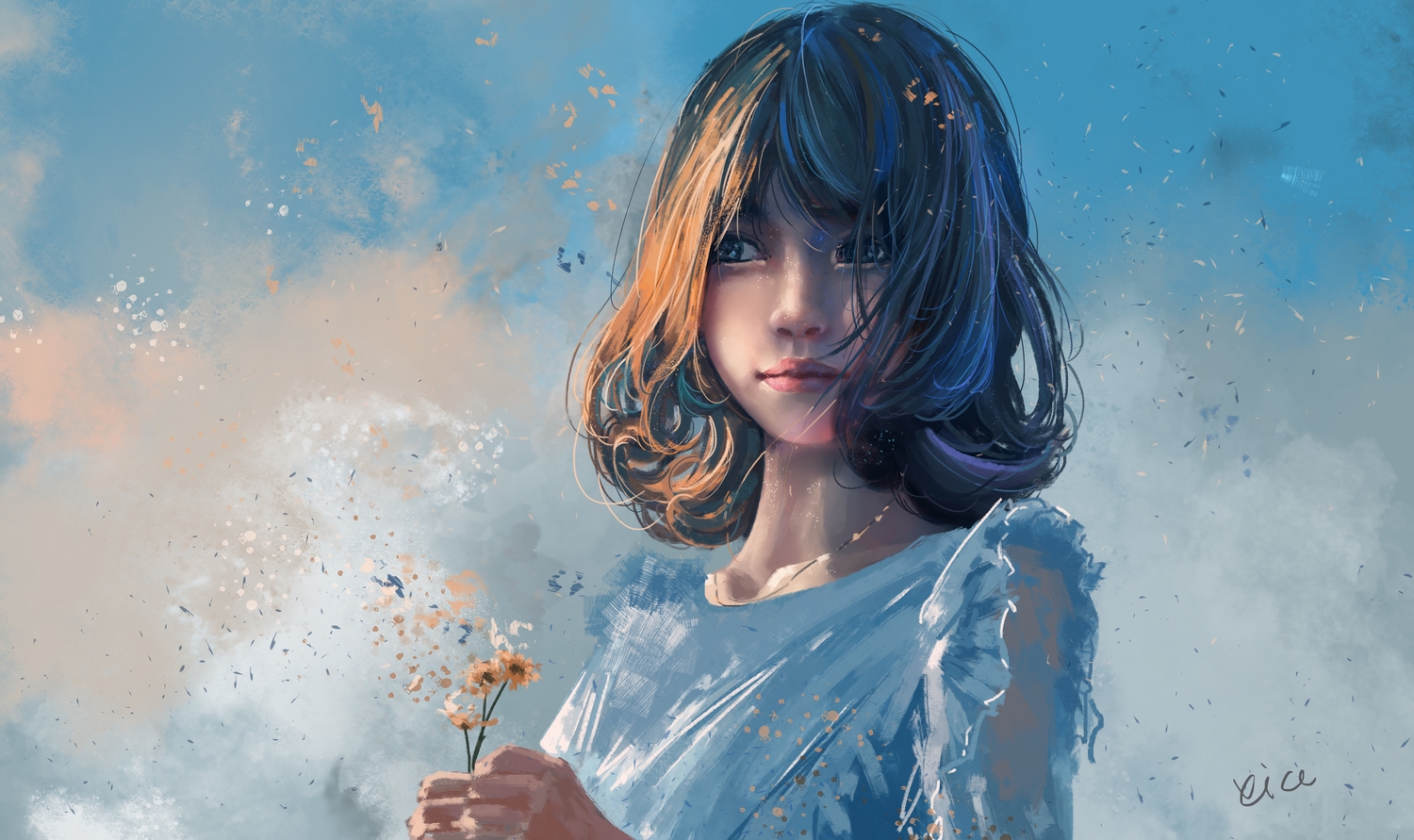 blue_eyes, brown_hair, flowers, original, realistic, signed, xi_chen_chen