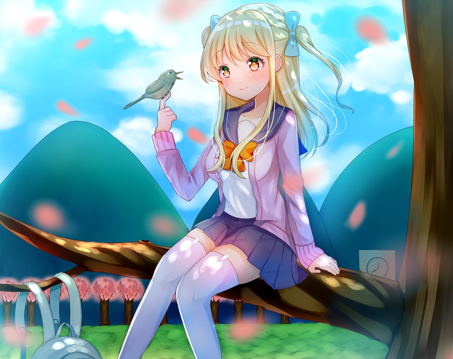 animal, aozora_nan, bird, blonde_hair, bow, long_hair, original, school_uniform, tree, twintails, yellow_eyes, zettai_ryouiki