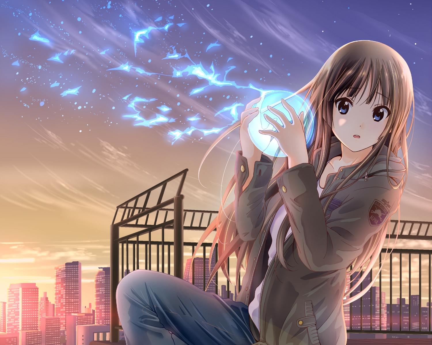 akiyama_mio, aliasing, ball, black_hair, blue_eyes, building, city, clouds, cropped, dresstrip, hood, k-on!, magic, sky, sunset, waifu2x