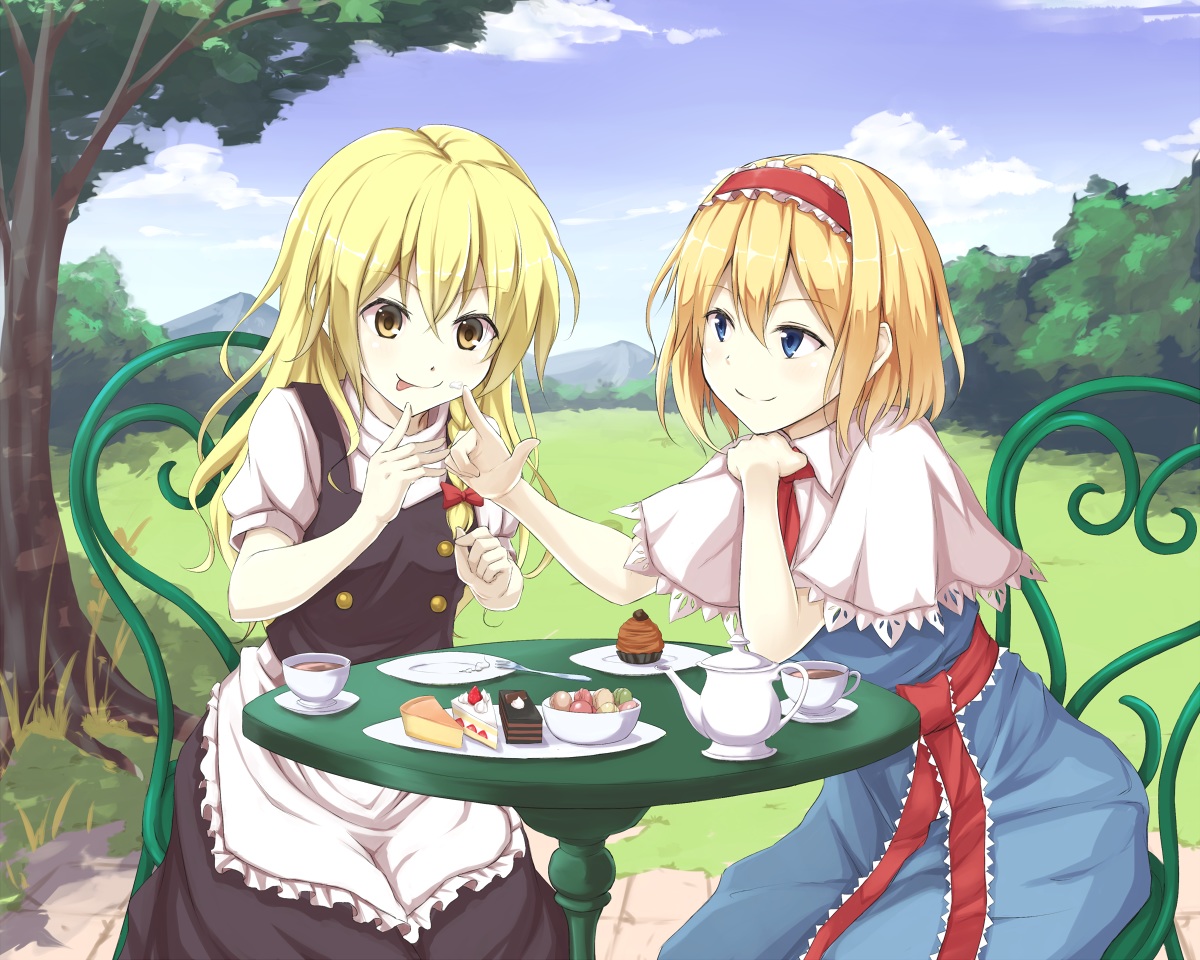 2girls, aliasing, alice_margatroid, blonde_hair, blue_eyes, bow, braids, cake, cropped, dress, drink, food, grass, green, headband, kirisame_marisa, long_hair, oruna, short_hair, touhou, tree, yellow_eyes