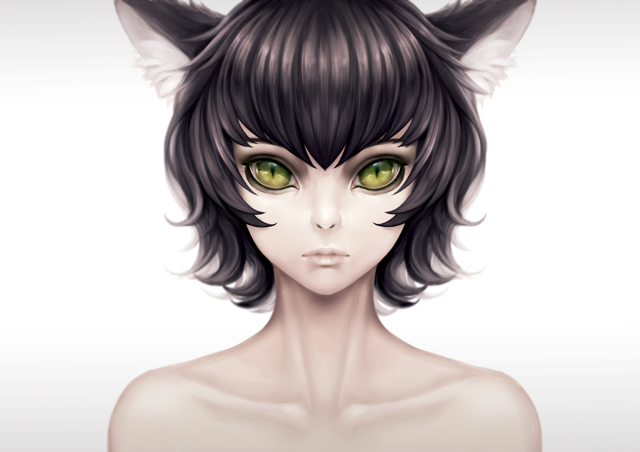 animal_ears, black_hair, catgirl, close, green_eyes, ling_(vivianling), original, short_hair
