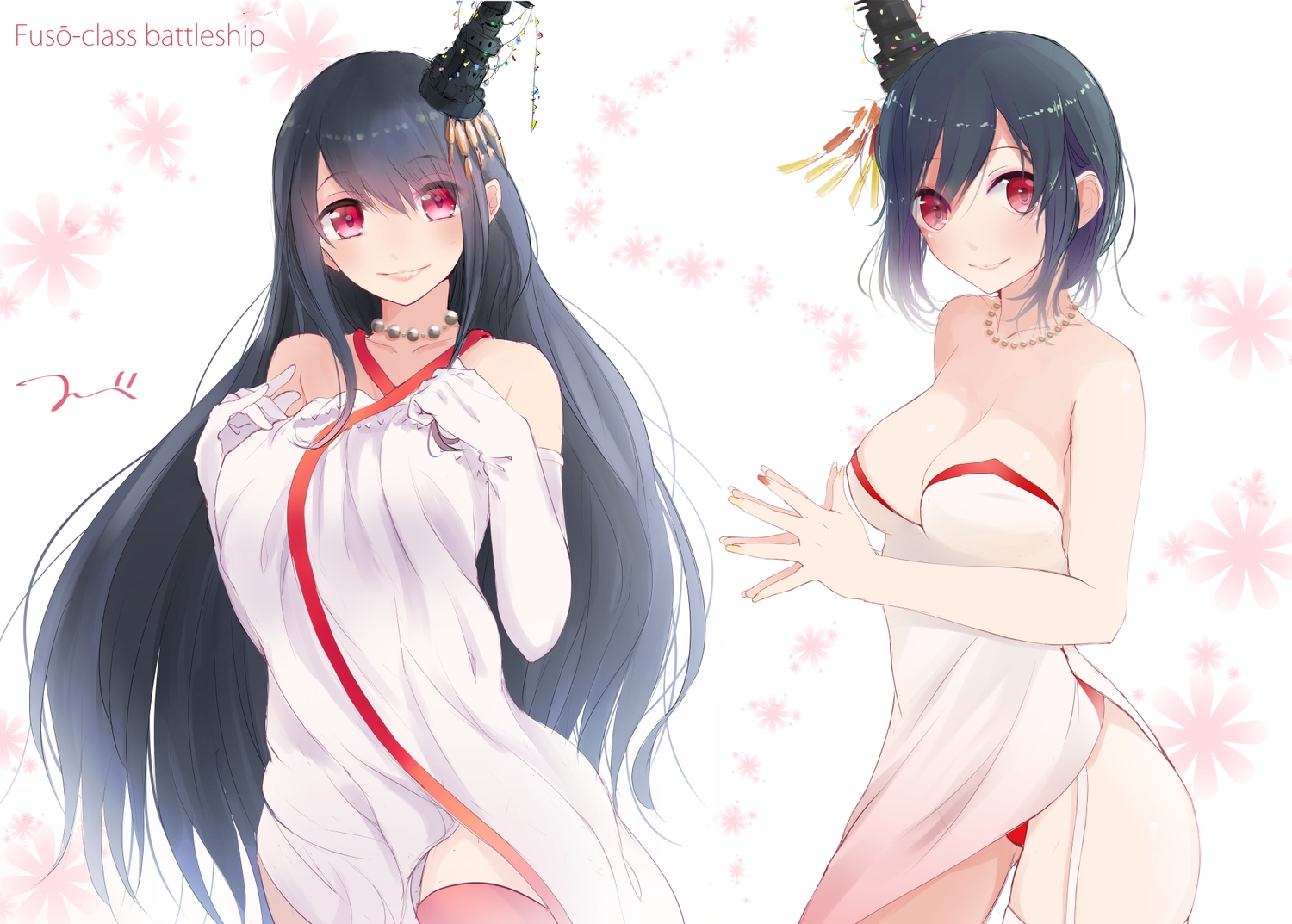 2girls, aliasing, anthropomorphism, black_hair, breasts, cleavage, dress, elbow_gloves