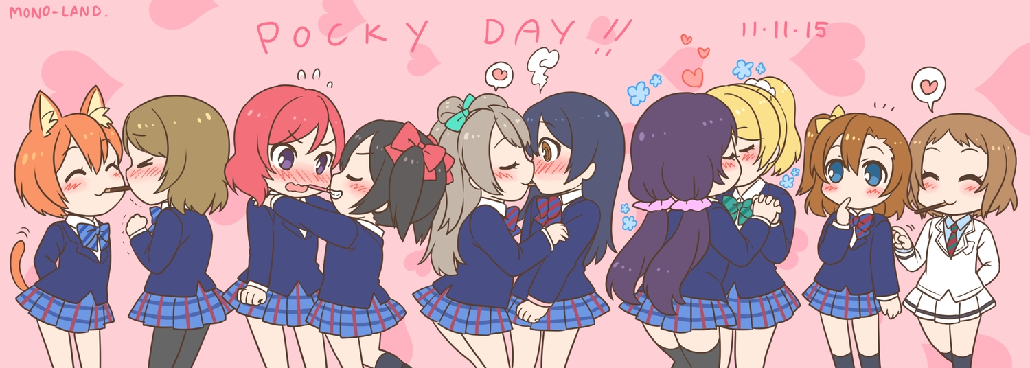 animal_ears, ayase_eri, black_hair, blue_eyes, blue_hair, blush, bow, brown_eyes, brown_hair, catgirl, cat_smile, food, gray_hair, group, heart, hoshizora_rin, kira_tsubasa, kneehighs, koizumi_hanayo, kousaka_honoka, long_hair, love_live!_school_idol_project, minami_kotori, mono_land, nishikino_maki, orange_hair, pantyhose, pocky, ponytail, purple_eyes, purple_hair, red_hair, school_uniform, short_hair, shoujo_ai, sonoda_umi, tail, thighhighs, tie, toujou_nozomi, twintails, yazawa_nico
