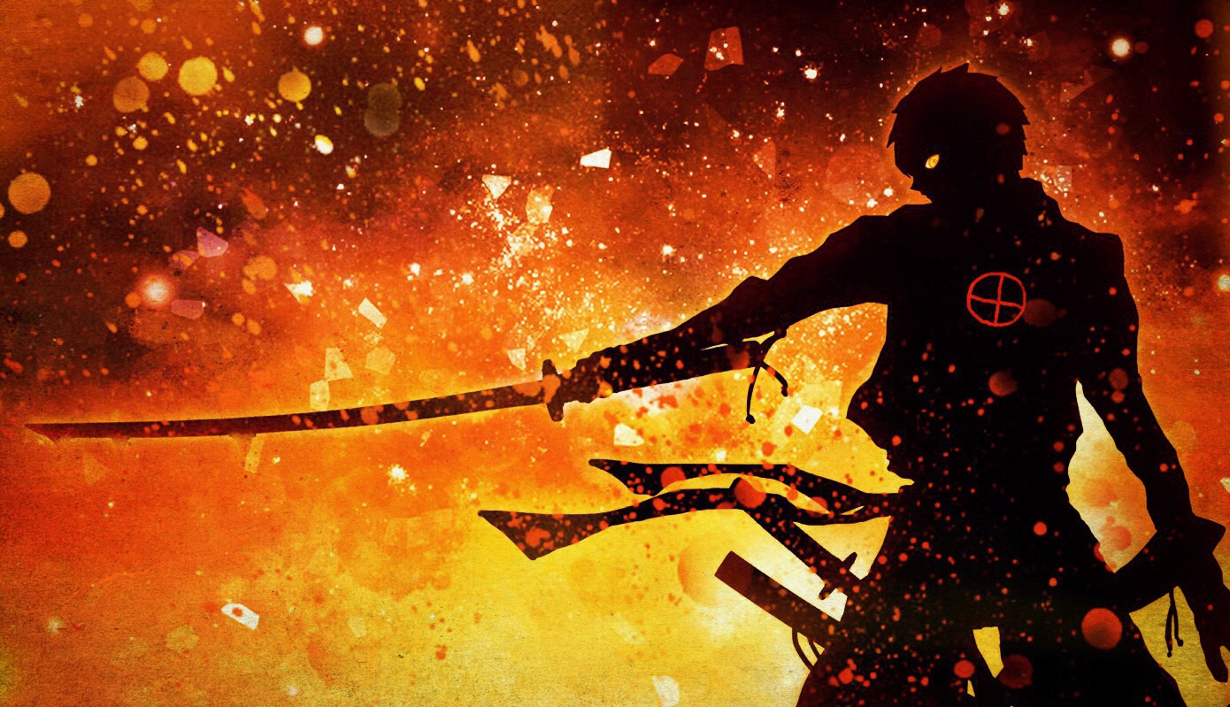 all_male, drifters, harada_miyuki, jpeg_artifacts, katana, male, monochrome, orange