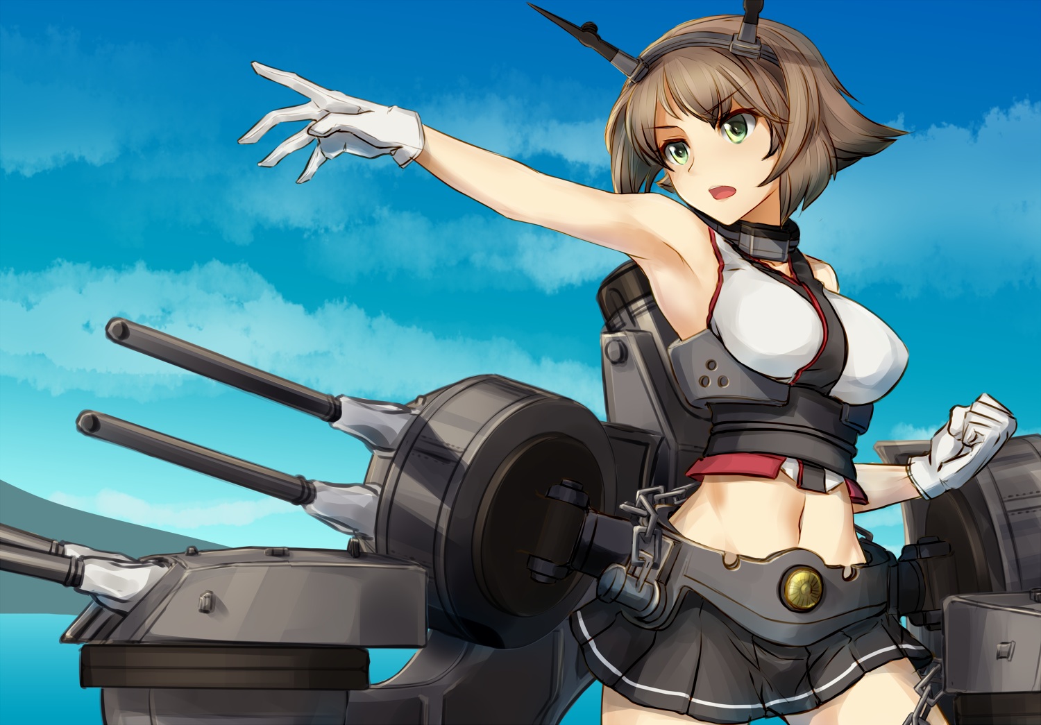 anthropomorphism, brown_hair, chain, gloves, green_eyes, kantai_collection, mutsu_(kancolle), navel