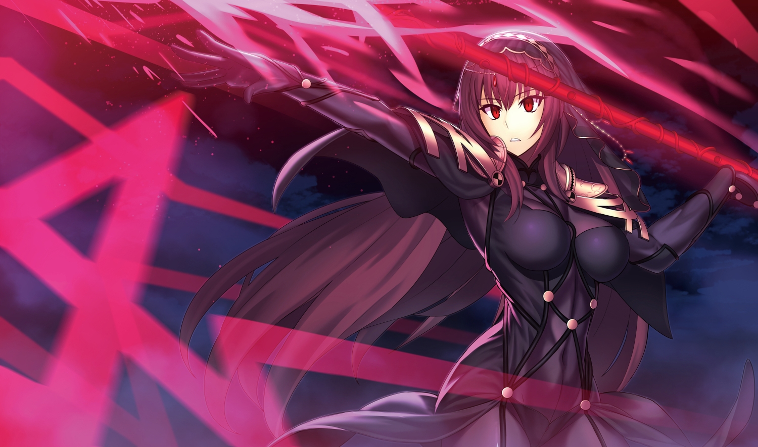 aliasing, armor, bodysuit, cape, fate/grand_order, fate_(series), headdress, kotera_ryou, long_hair, magic, navel, purple_hair, red_eyes, scathach_(fate/grand_order), spear, weapon