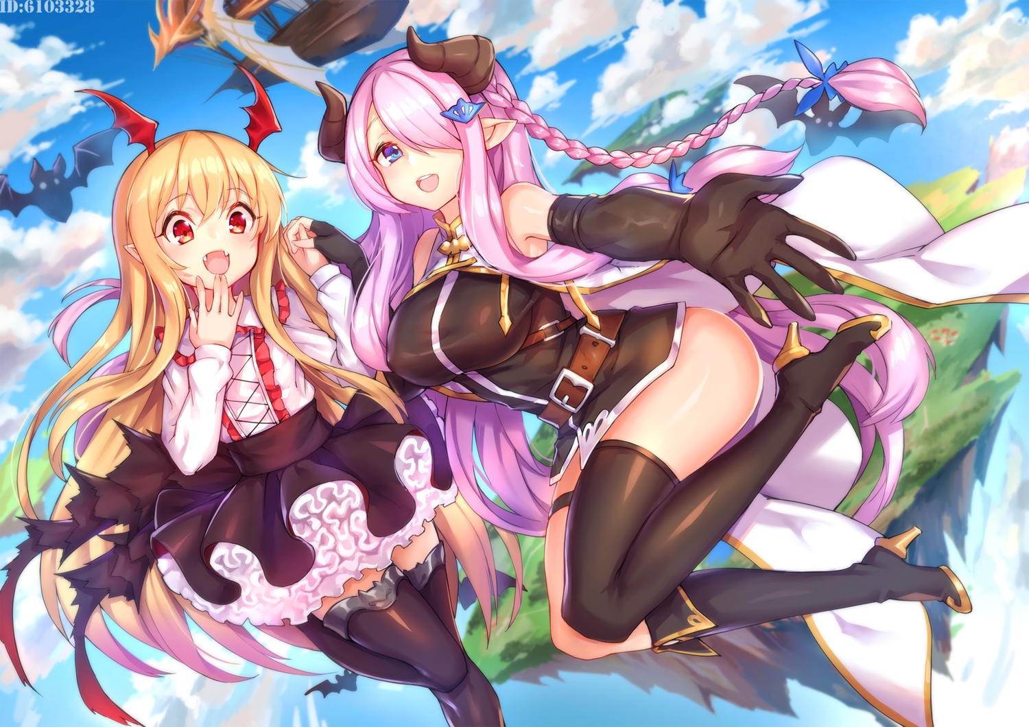 2girls, aircraft, animal, aqua_eyes, bat, blonde_hair, boots, braids, breasts, cape, clouds, elbow_gloves, fang, garter, gloves, granblue_fantasy, horns, long_hair, narmaya_(granblue_fantasy), pink_hair, pointed_ears, red_eyes, shennai_misha, skirt, sky, thighhighs, vampire, vampy, wings