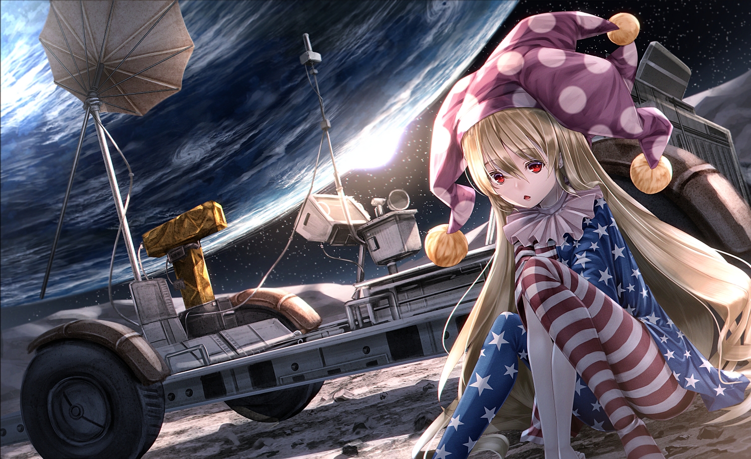 aliasing, blonde_hair, clownpiece, hat, long_hair, moon, pantyhose, red_eyes