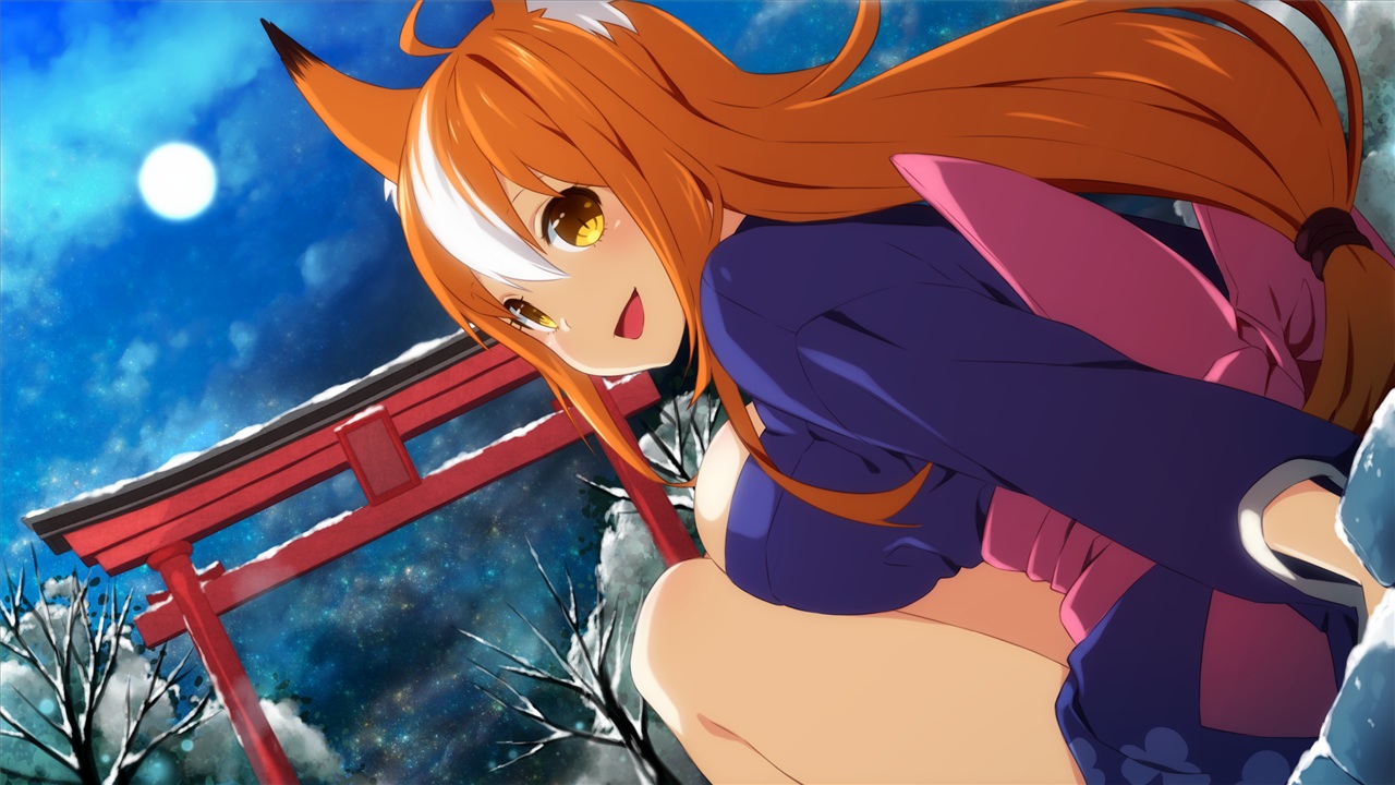 akina_(sakura_santa), animal_ears, foxgirl, game_cg, inma, japanese_clothes, long_hair, moon
