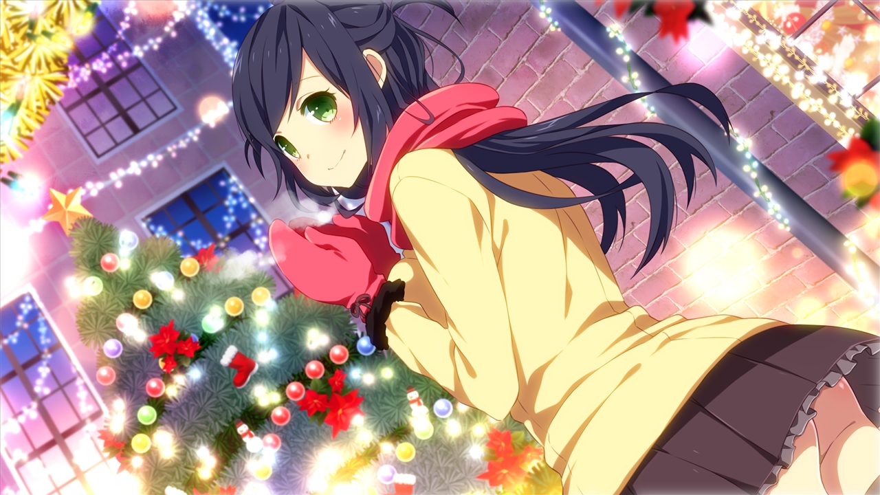 ass, black_hair, blush, christmas, game_cg, gloves, green_eyes, inma