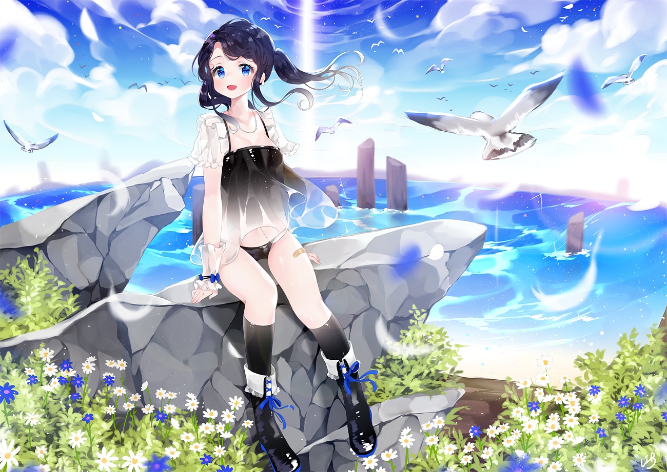 animal, bird, black_hair, blue_eyes, boots, breasts, cleavage, clouds, dress, flowers, kneehighs, li.b_(liebenib), necklace, original, sky, twintails, water