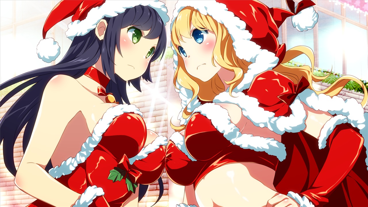 2girls, black_hair, blonde_hair, blue_eyes, blush, breasts, christmas, game_cg
