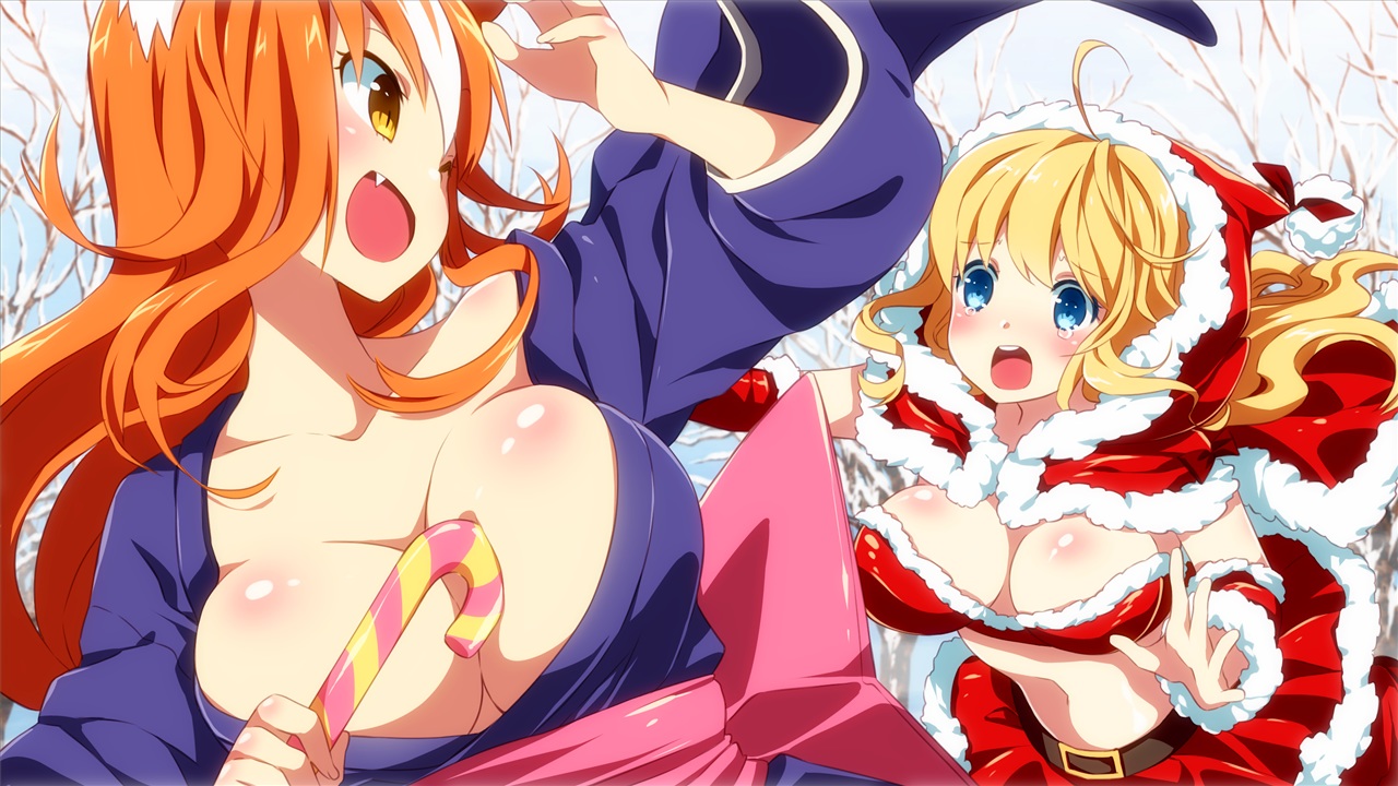 2girls, akina_(sakura_santa), animal_ears, blonde_hair, blue_eyes, blush, breasts, christmas