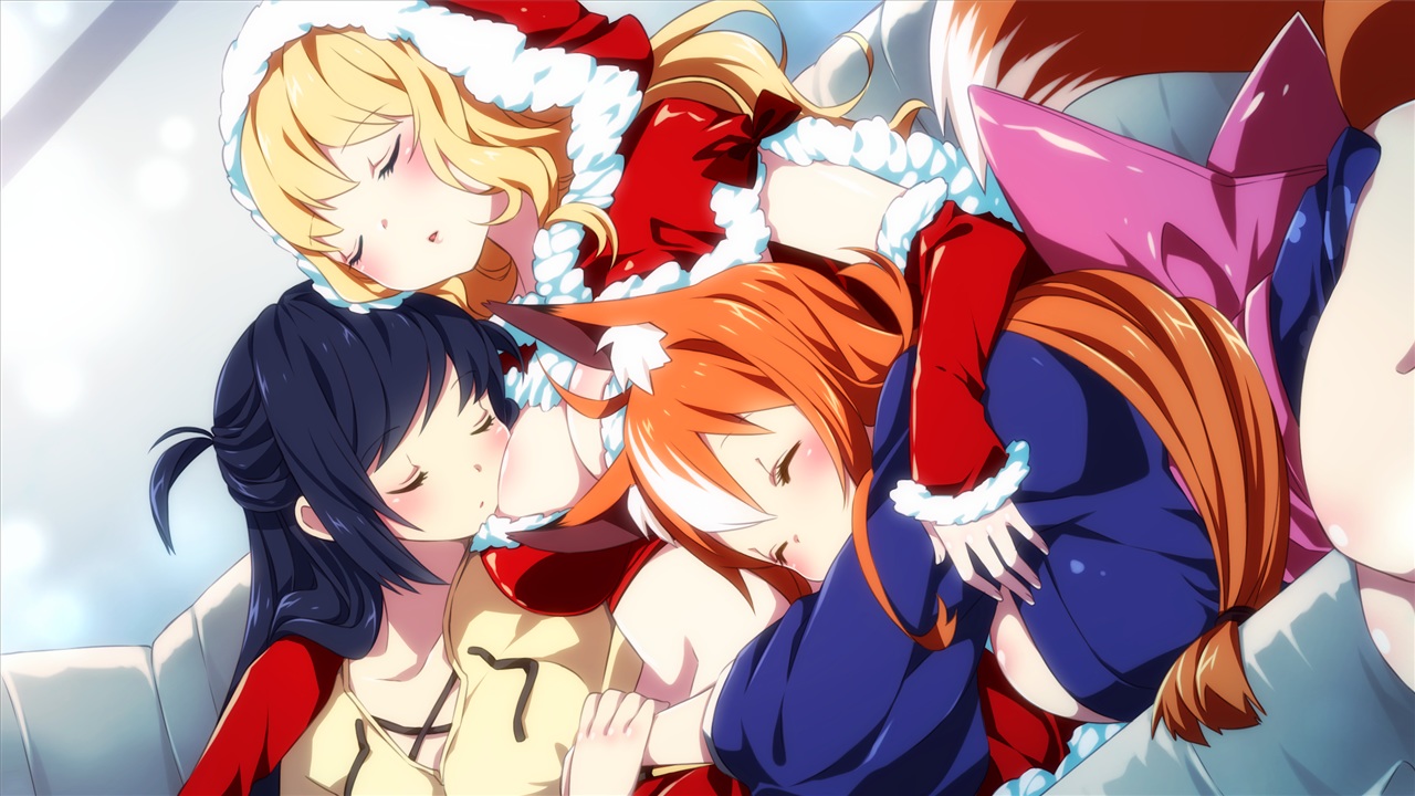 akina_(sakura_santa), animal_ears, black_hair, blonde_hair, blush, christmas, foxgirl, game_cg