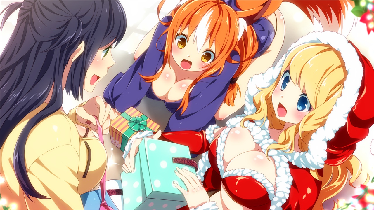 akina_(sakura_santa), animal_ears, black_hair, blonde_hair, blue_eyes, blush, breasts, christmas