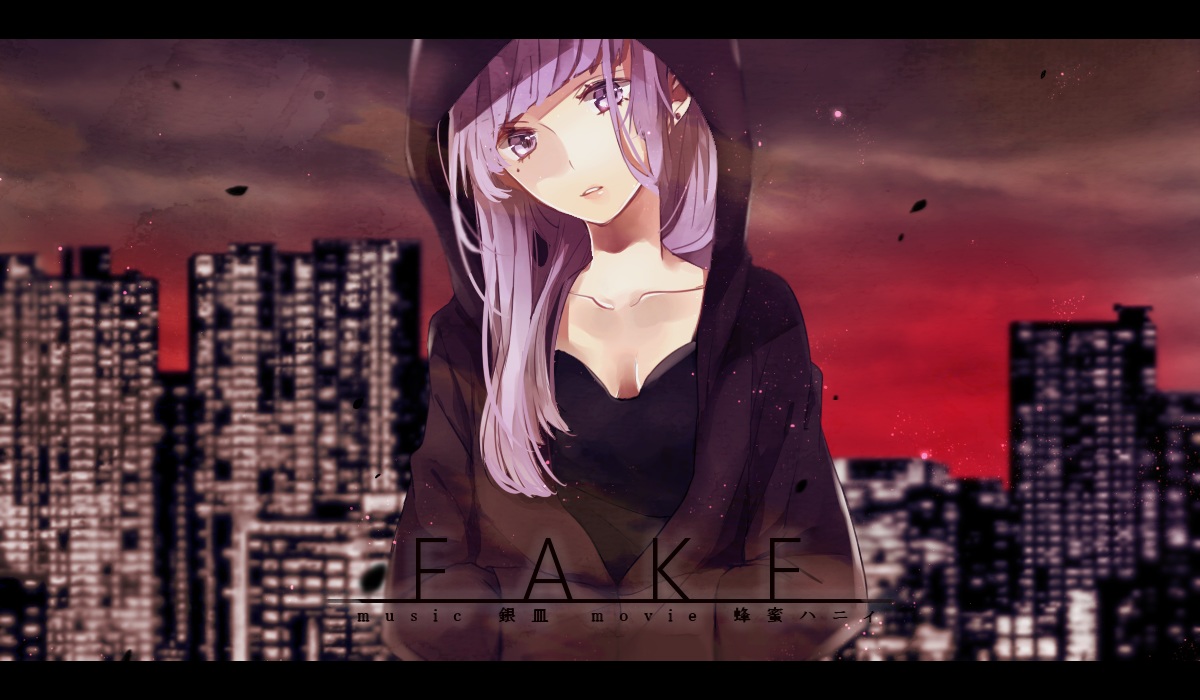 building, city, hachimitsu_honey, hood, long_hair, purple_eyes, purple_hair, vocaloid
