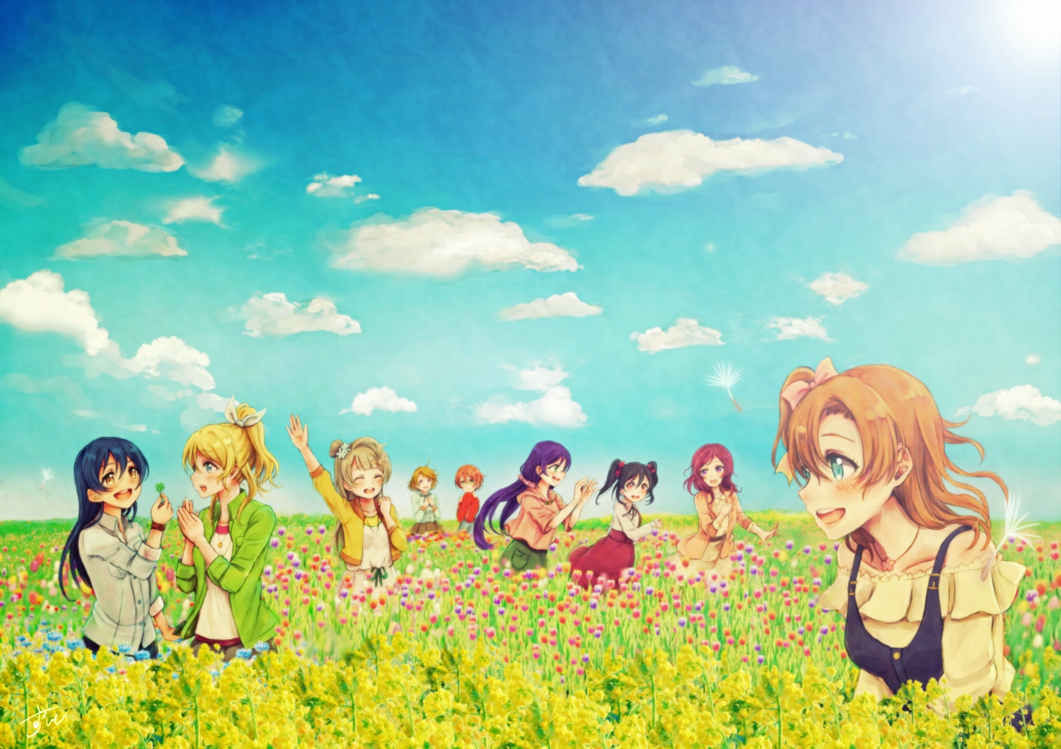 ayase_eri, clouds, flowers, group, hoshizora_rin, koizumi_hanayo, kousaka_honoka, love_live!_school_idol_project