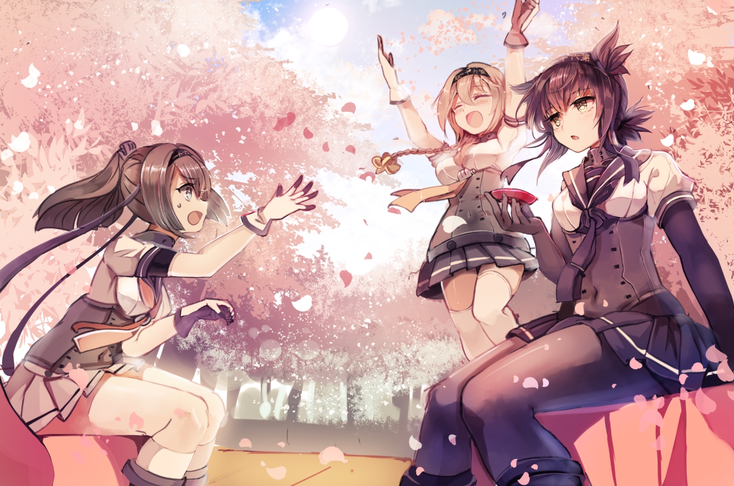 akizuki_(kancolle), anthropomorphism, blonde_hair, blue_eyes, brown_hair, cherry_blossoms, cis_(carcharias), flowers