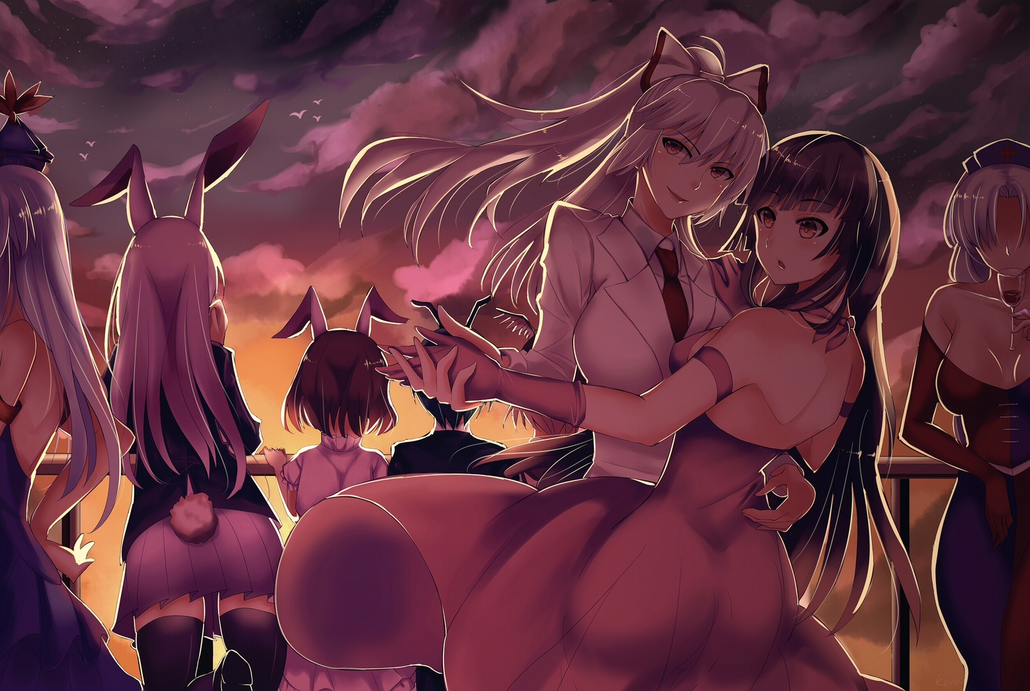 animal_ears, bunny_ears, bunnygirl, drink, fujiwara_no_mokou, group, houraisan_kaguya, inaba_tewi, kamishirasawa_keine, kevn, mystia_lorelei, reisen_udongein_inaba, sunset, tail, touhou, wriggle_nightbug, yagokoro_eirin