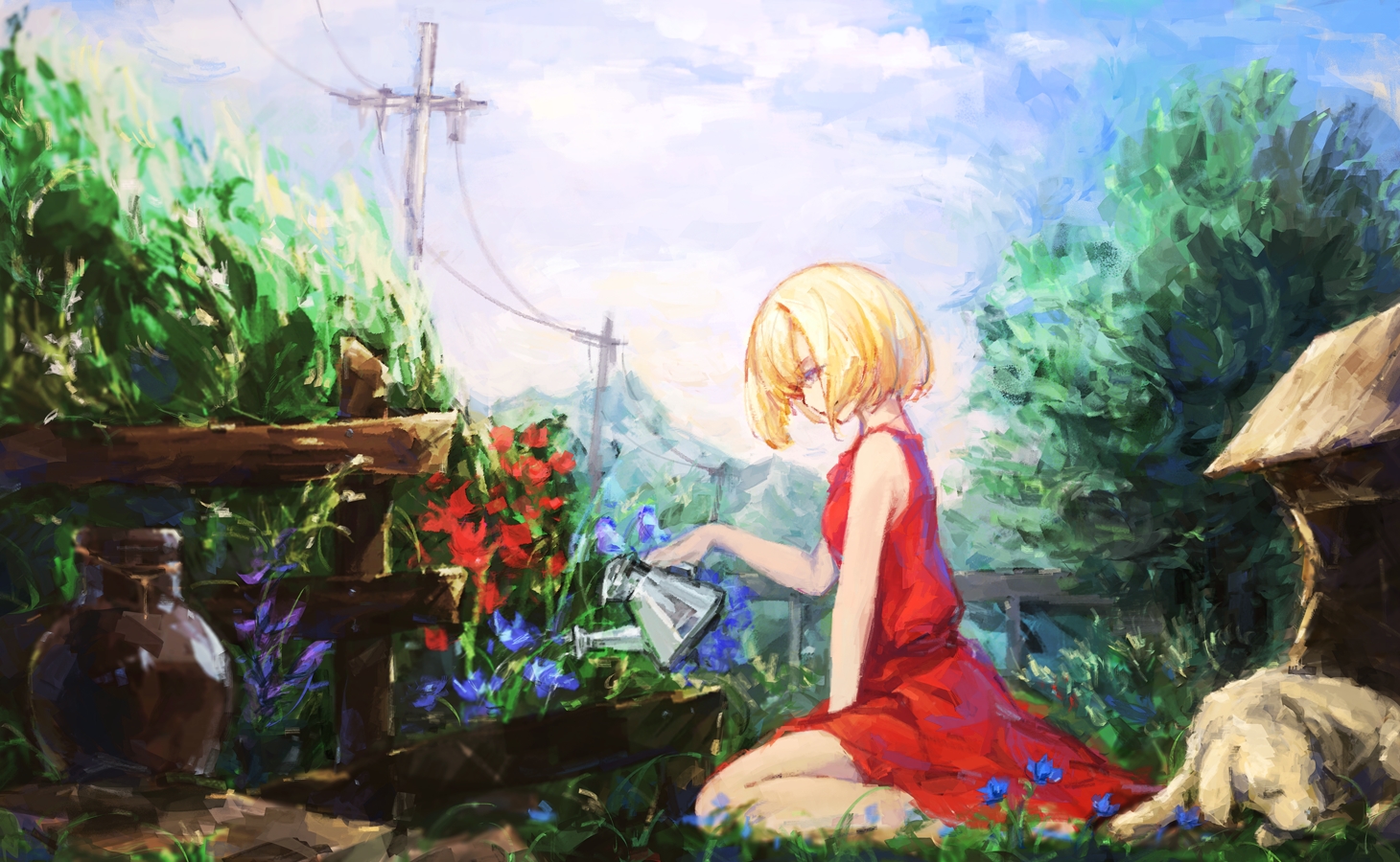 animal, blonde_hair, dog, dress, flowers, labombardier!, original, short_hair, sleeping, tree