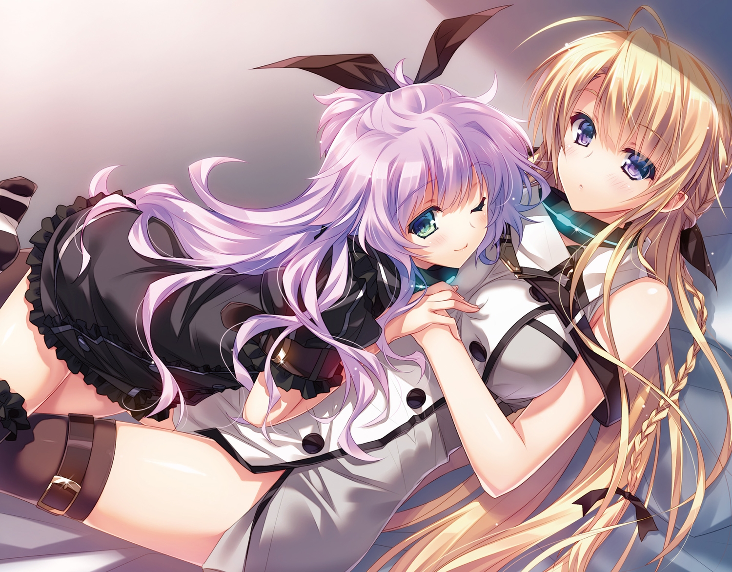 2girls, aqua_eyes, blonde_hair, blush, braids, breasts, garter, purple_eyes, purple_hair, ribbons, shoujo_ai, tagme_(character), tenkuu_kangoku_no_majutsu_garou, thighhighs, wink, yasaka_minato