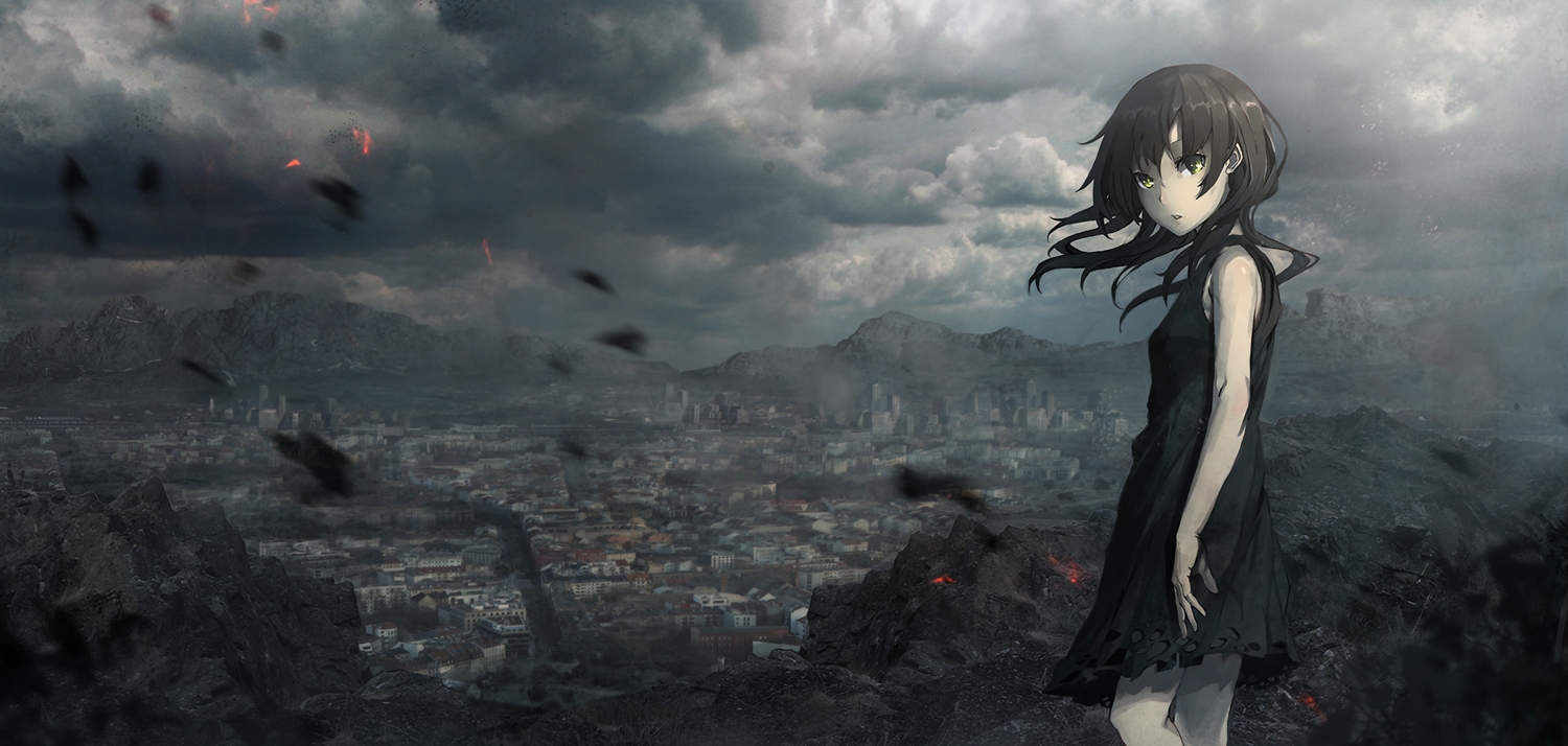 brown_hair, building, city, clouds, dress, original, scenic, seafh, waifu2x, yellow_eyes