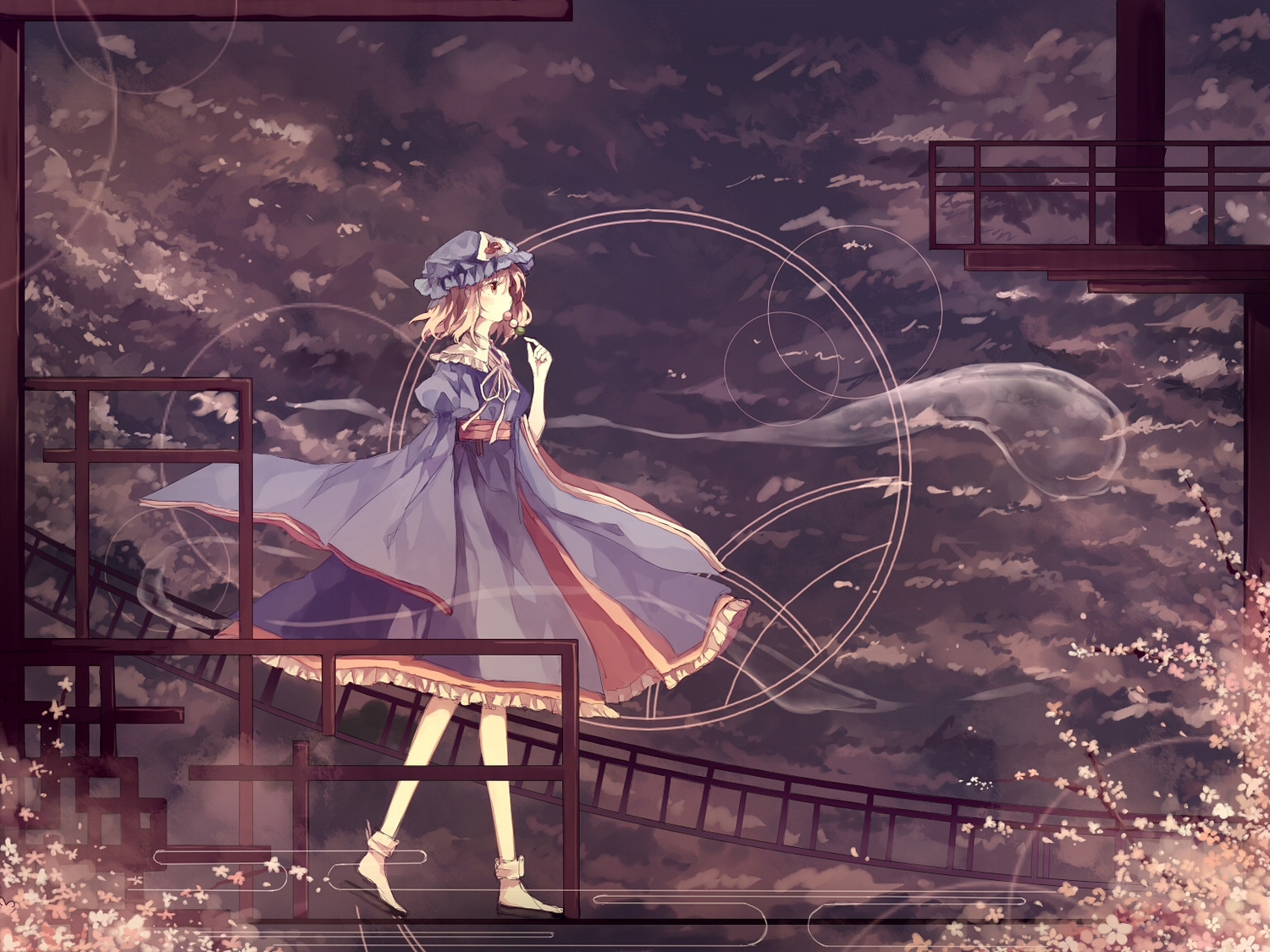 dress, food, hat, myon, rain_(raindsan), saigyouji_yuyuko, short_hair, socks